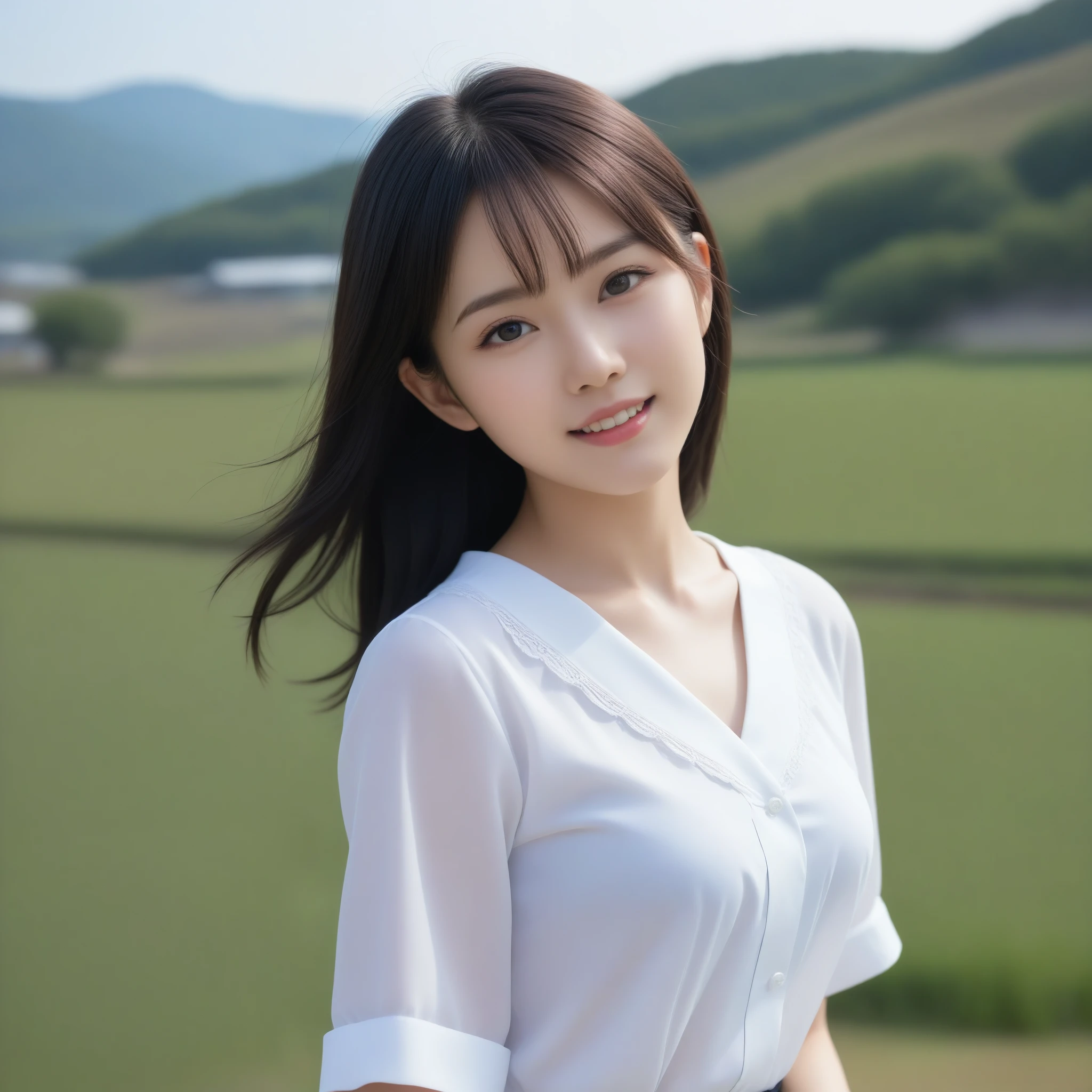 8k, Ultra-high resolution, highest quality, masterpiece, Rule of thirds photography,Surreal, photograph, 1 girl, (16 years old:1.3), pretty girl, Cute Face, 細部までbeautiful目, 細かくdetailedに,masterpiece,, One Girl:1.2, Japan Female Announcer, Clear focus, (beautiful, Gorgeous and cute Japanese women:1.3), (Beautiful and cute Japanese:1.3）, 絶妙でbeautiful髪、Eyes and Face, practical, 非常にdetailed, beautiful girl, blue sky, (Side light:1.2), sunlight, Baiyun, detailedな雲, slim,  ((Smile with your eyes, Open your eyes)), landscape,  architecture, (Rural landscape:1.7),, Thin black hair, blue eyes, (White pleated shirt + skirt), White socks, Pale skin, hair accessory, epic landscape,,Looking at the audience、beauty,Long neck、Laugh a little、Please close your mouth and laugh、(((Ideal body type))),A cup small breasts :2,whole body、Perfect Anatomy、鮮明なdetailed、detailed、Surreal、Light and shadow,Strong light、Short black hair