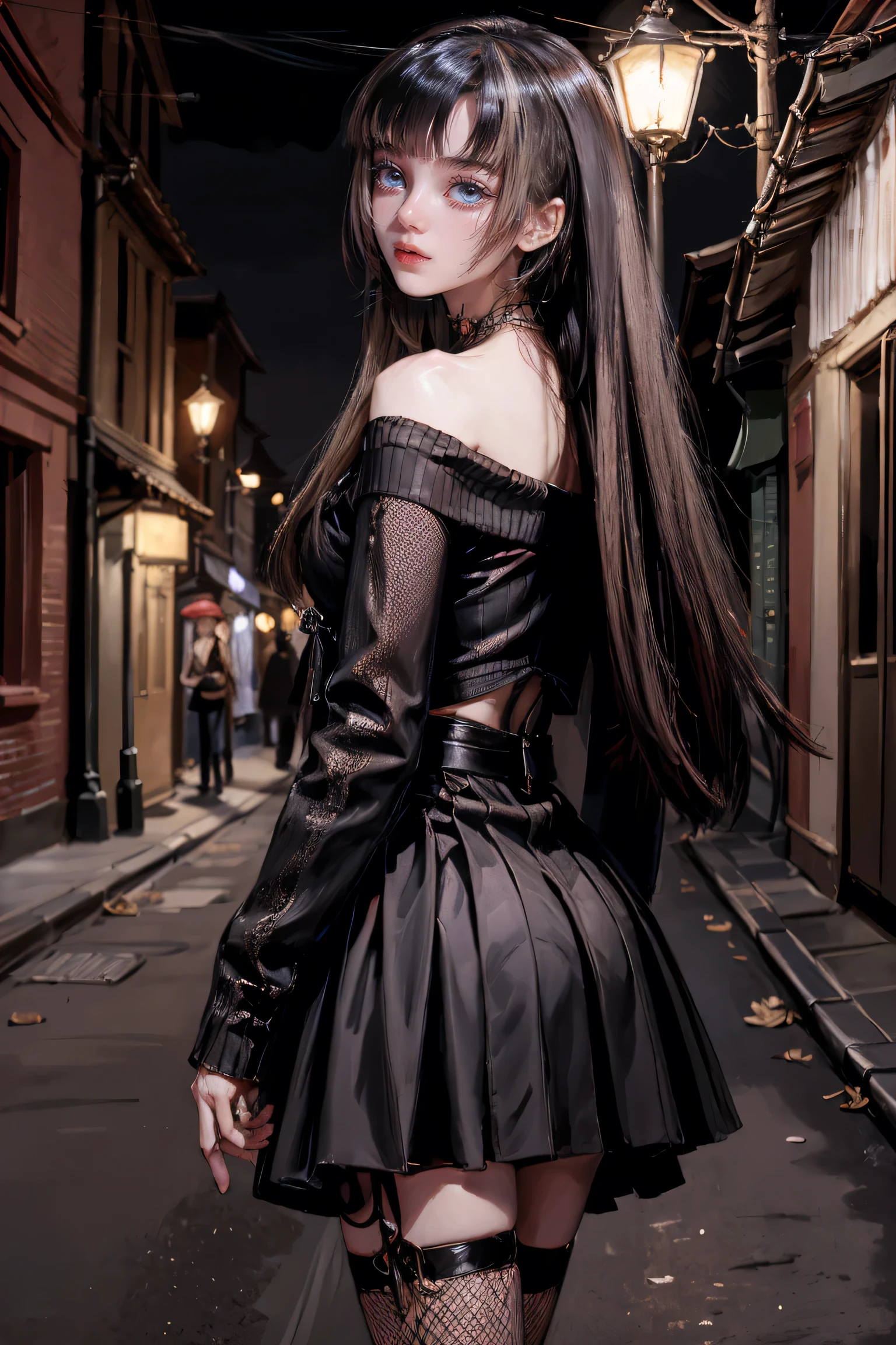(((NSFW0.7))),(((highest quality, 8k, masterpiece))), Sharp focus, (Beautiful woman with perfect figure), thin, (Hairstyle: Excellent)), ((Back alley at night)), street: 1.2 Highly detailed face and skin texture Detailed eyes double eyelid random pose, (smile), Realistic Face, double eyelid,smile,Summer festival , At sunset , Beautiful Teeth , Thigh straps, Wear a leather jacket、Off-the-shoulder sweater、Grey vertical rib sweater dress、Fishnet tights、garter belt、Excellent black sexy underwear、Night view、