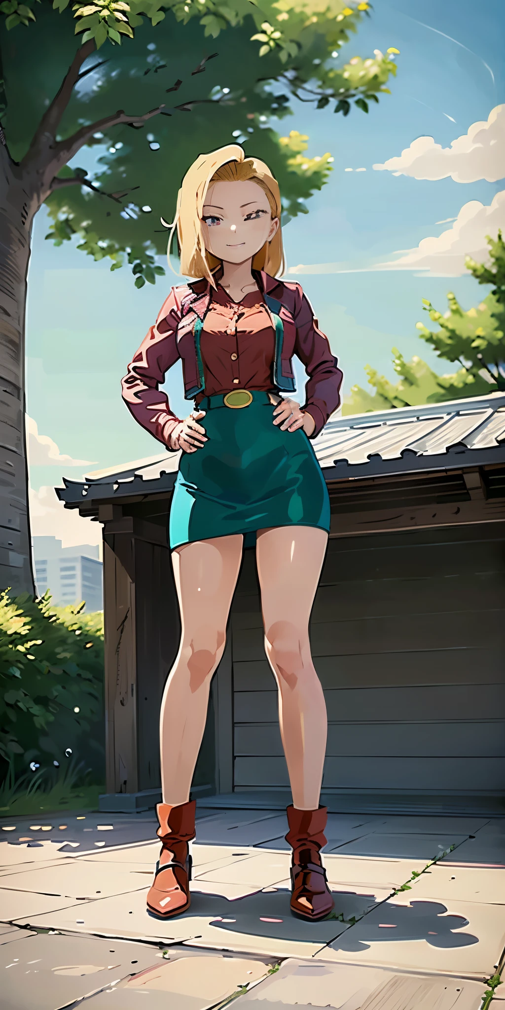 (Full body, view from below, cowboy shot, looking at viewer, masterpiece, best quality, ultra detailed, immaculate:1.2) Android 18 from DBZ, 30 y.o. woman, red eyes, short BLONDE hair, posing for photo, seductive smile, grey jacket, red necktie, green skirt, Sakura tree, building, (pinched eyes) (closed mouth) (hands on hips)