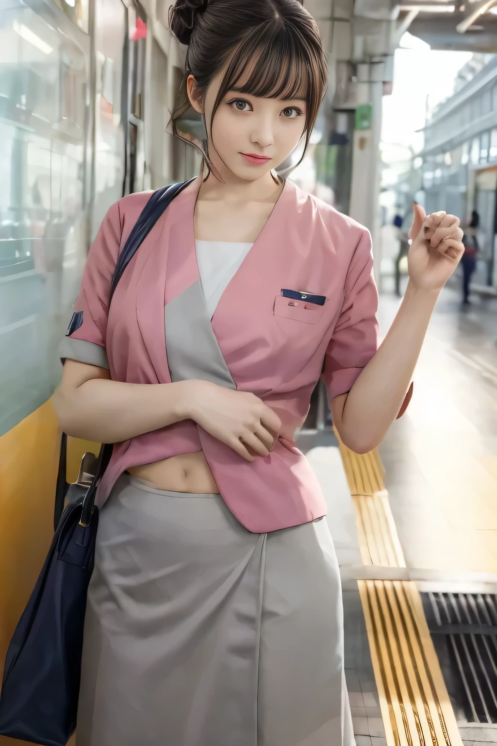 (masterpiece:1.2, highest quality:1.2), 32K HDR, High resolution, (alone、1 girl)、(On the rooftop of a building in the daytime、Professional Lighting)、Building rooftop background、(Nankai train crew uniform pinkを着たリアルスタイル)、(Nankai train crew uniform pink short sleeve pink jacket、Nankai Train Crew Uniform Pink Collarless Short Sleeve Blouse、Nankai Train crew uniform pinkのグレー色のキュロットスカート)、Dark brown hair、(Hair tied up、Hair Bun、Hair Bun)、Dark brown hair、Long Shot、Big Breasts、Thin legs、((Great hands:2.0)),((Harmonious body proportions:1.5)),((Normal limbs:2.0)),((Normal finger:2.0)),((Delicate eyes:2.0)),((Normal eyes:2.0)))、smile、(Nankai Train crew uniform pinkのグレー色のキュロットスカートを見せた美しい歩く姿)、Keep your hands natural