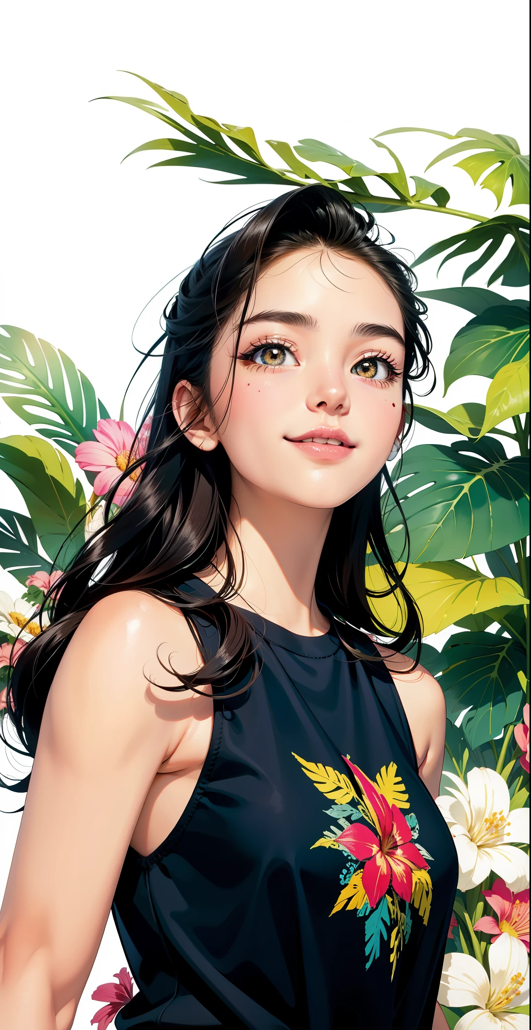 Create digital artwork in the Pop Art style, Featuring a vibrant and confident young Asian girl，street fashion, Movie color scheme, big smile, wink eye, Surrounded by vintage flower motifs, Vibrant brushstrokes,Emotions should be dynamic, Upper body, Drawing, illustration, escala cinza, tropical, Many flowers,