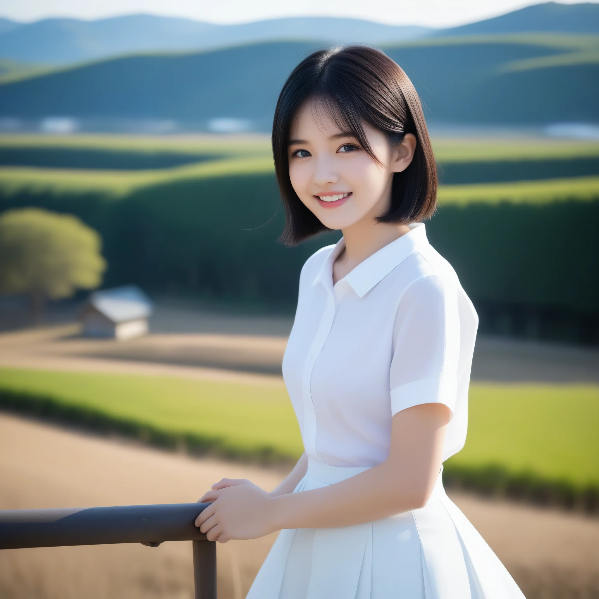 8k, Ultra-high resolution, highest quality, masterpiece, Rule of thirds photography,Surreal, photograph, 1 girl, (16 years old:1.3), pretty girl, Cute Face, 細部までbeautiful目, 細かくdetailedに,masterpiece,, One Girl:1.2, Japan Female Announcer, Clear focus, (beautiful, Gorgeous and cute Japanese women:1.3), (Beautiful and cute Japanese:1.3), 絶妙でbeautiful髪、Eyes and Face, practical, 非常にdetailed, beautiful girl, blue sky, (Side light:1.2), sunlight, Baiyun, detailedな雲, slim, ((Smile with your eyes, Open your eyes)), landscape, architecture, (Rural landscape:1.7),, Thin black hair, blue eyes, (White pleated shirt + skirt), White socks, Pale skin, hair accessory, epic landscape,,Looking at the audience、beauty,Long neck、Laugh a little、Please close your mouth and laugh、(((Ideal body type))),A cup small breasts :2,whole body、Perfect Anatomy、鮮明なdetailed、detailed、Surreal、Light and shadow,Strong light、Short black hair