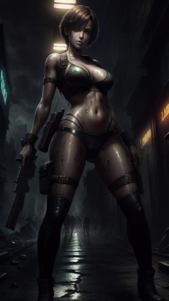 best quality, masterpiece ,a beautiful girl,leon s Kennedy Haircut, beautiful, ultra realistic,all details, high resolution, smile, attractive, beautiful, wearing transparent clothes,big breasts, big hips,big butt, clearly visible full body parts, standing and spreading legs, sexy poses,full body shot,wet, oily body, nice body shape, background middle of apocalypse city,resident evil theme , zombie apocalypse,