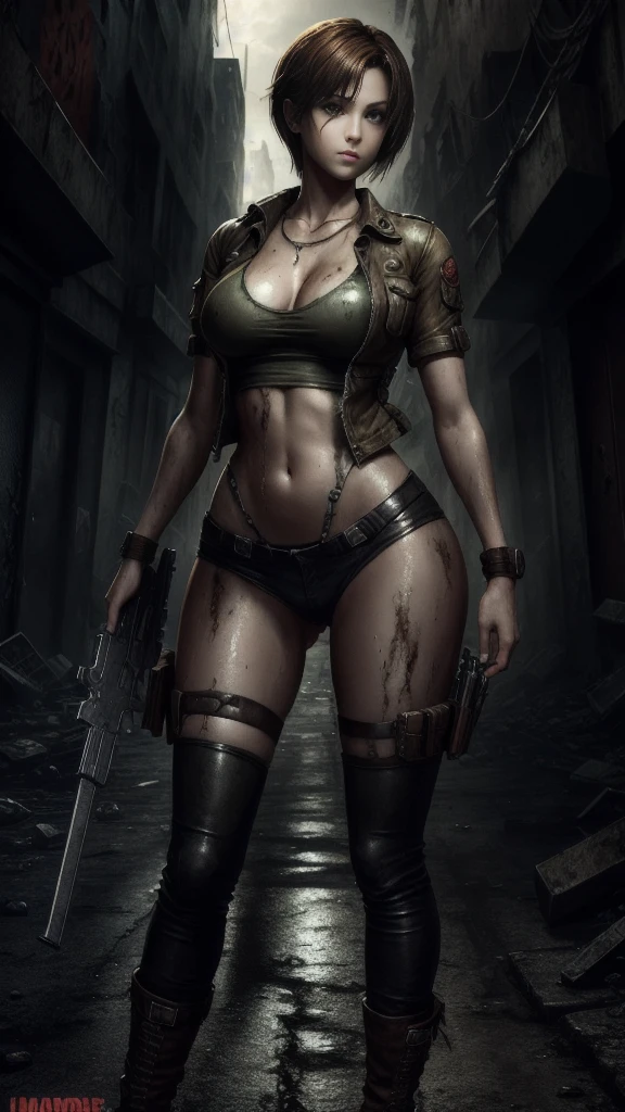 best quality, masterpiece ,a beautiful girl,leon s Kennedy Haircut, beautiful, ultra realistic,all details, high resolution, smile, attractive, beautiful, wearing transparent clothes,big breasts, big hips,big butt, clearly visible full body parts, standing and spreading legs, sexy poses,full body shot,wet, oily body, nice body shape, background middle of apocalypse city,resident evil theme , zombie apocalypse,