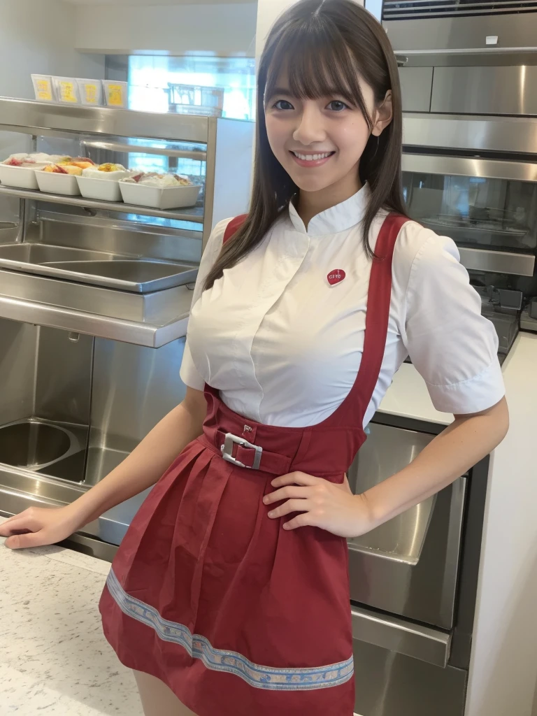One girl,Huge breasts,alone,Anna Miller ,waitress,Name tag,High Waist Skirt,Red suspender skirt,apron, From below,smile, Mouth closed,restaurant,highest quality
