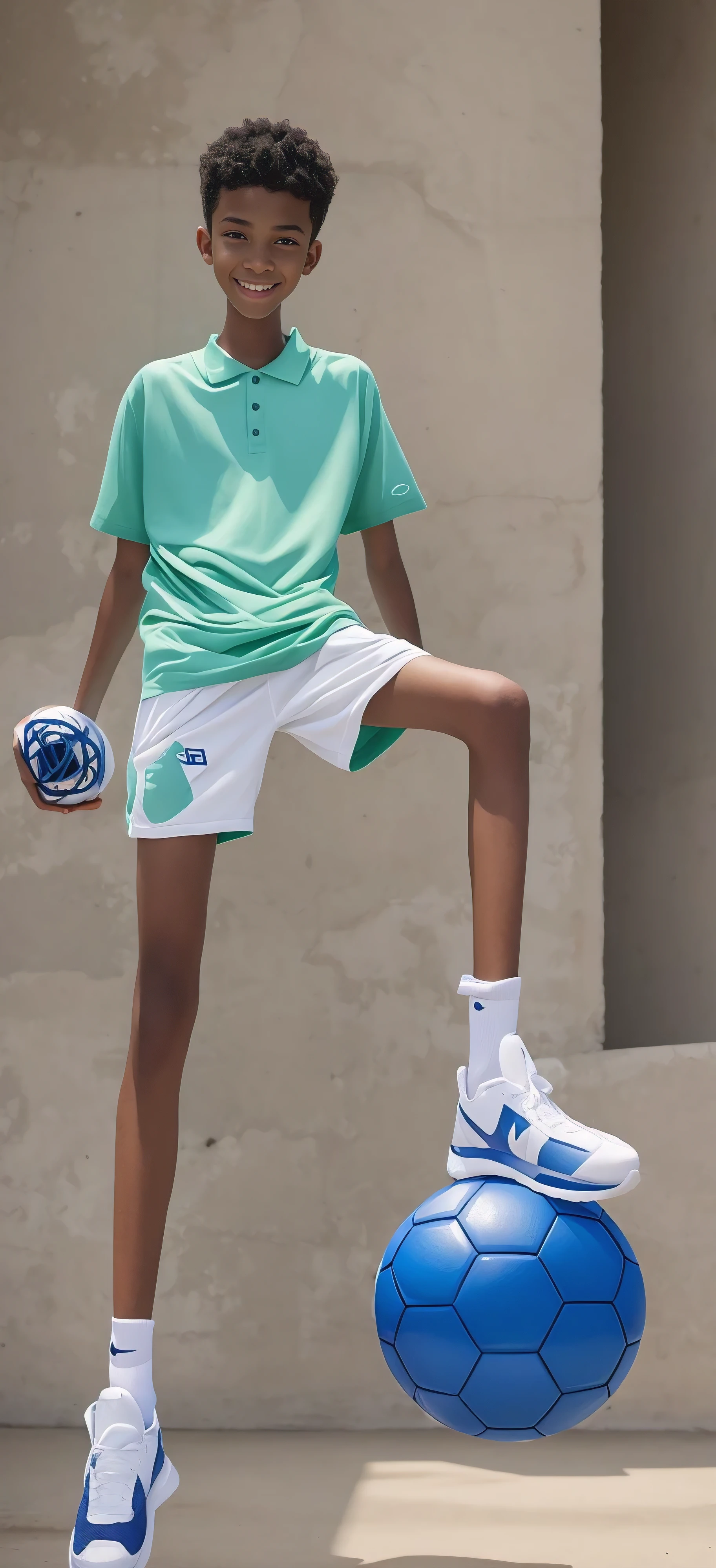  boy，（Wearing white tennis clothes，Wearing green socks），Dark skin，Big round eyes，Very short hair，Tall and skinny，Toothy Smile，Sharpen details，Knee muscle lines，Blue Background