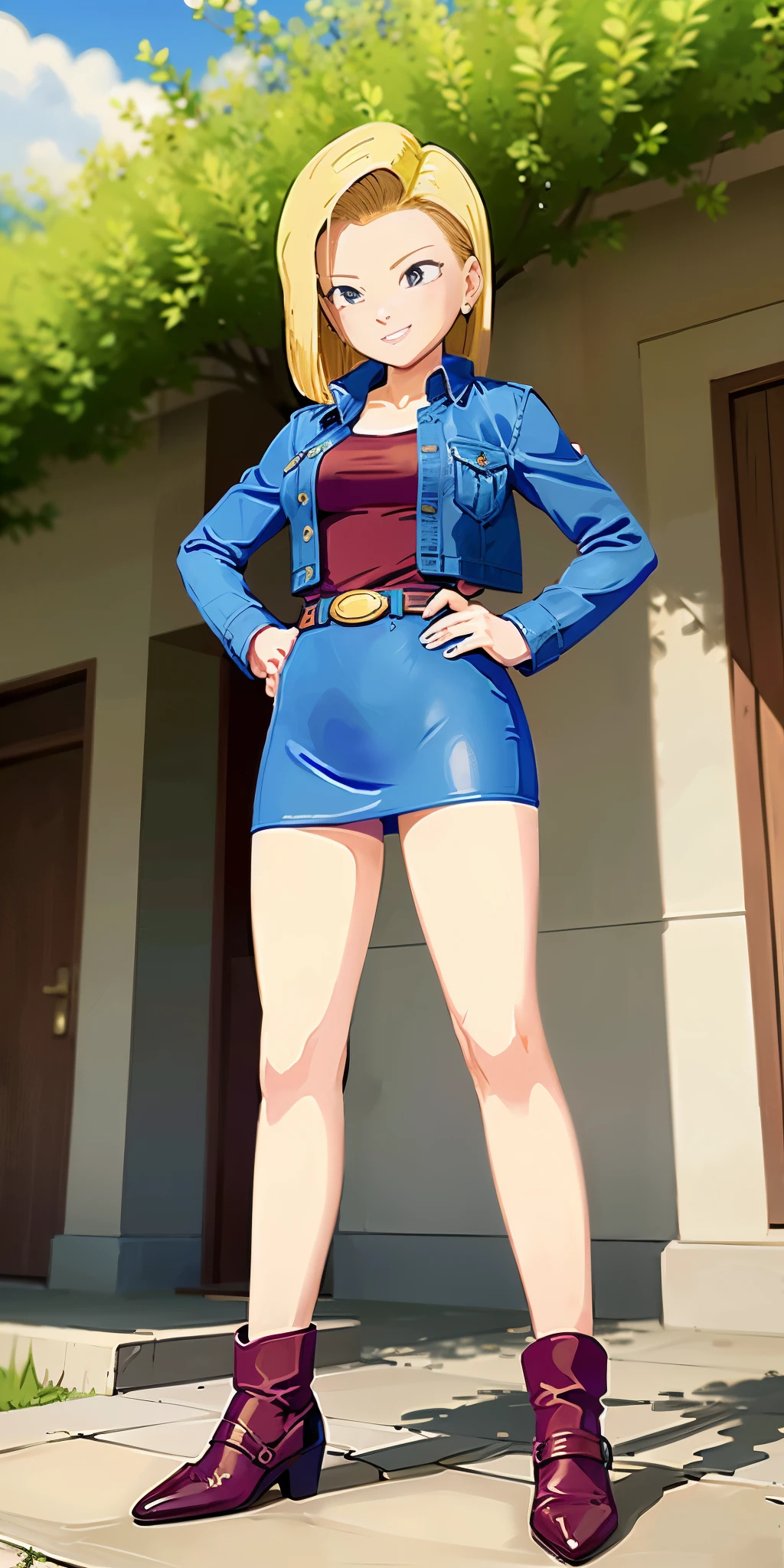 (Full body, view from below, cowboy shot, looking at viewer, masterpiece, best quality, ultra detailed, immaculate:1.2) Android 18 from DBZ, 30 y.o. woman, red eyes, short BLONDE hair, posing for photo, seductive smile, grey jacket, red necktie, green skirt, Sakura tree, building, (pinched eyes) (closed mouth) (hands on hips)