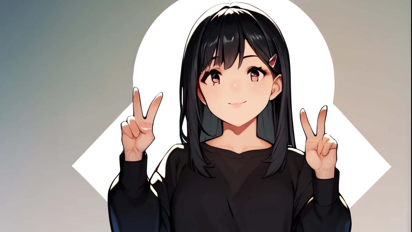 score_9, score_8_superior, score_7_superior,   Cowboy Shot,  One girl,  amount,  Hair Clip, Voice of the Heart, Black Hair, bangs,
,   Double Peace
