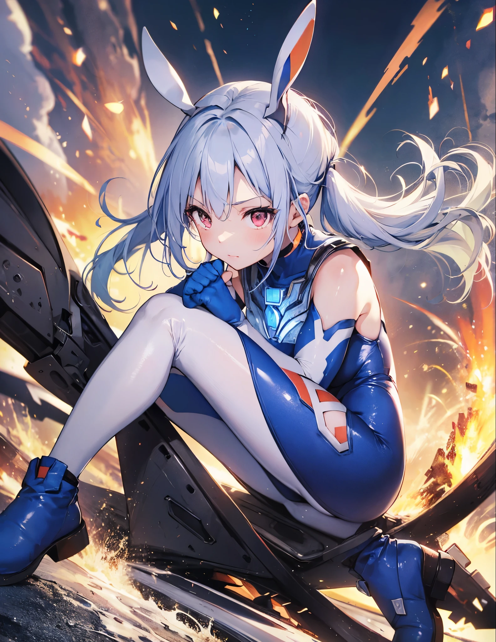 There is a cartoon image of a woman with a microphone, Pose linda, Fanart de alta calidad, fully robotic!!, Pose de villano, pose siniestra, Sonrisa bonita, Rayo divino sobre su cabeza, protagonista femenina 👀 :8, con ojos amarillos brillantes, Ella tiene poderes de fuego