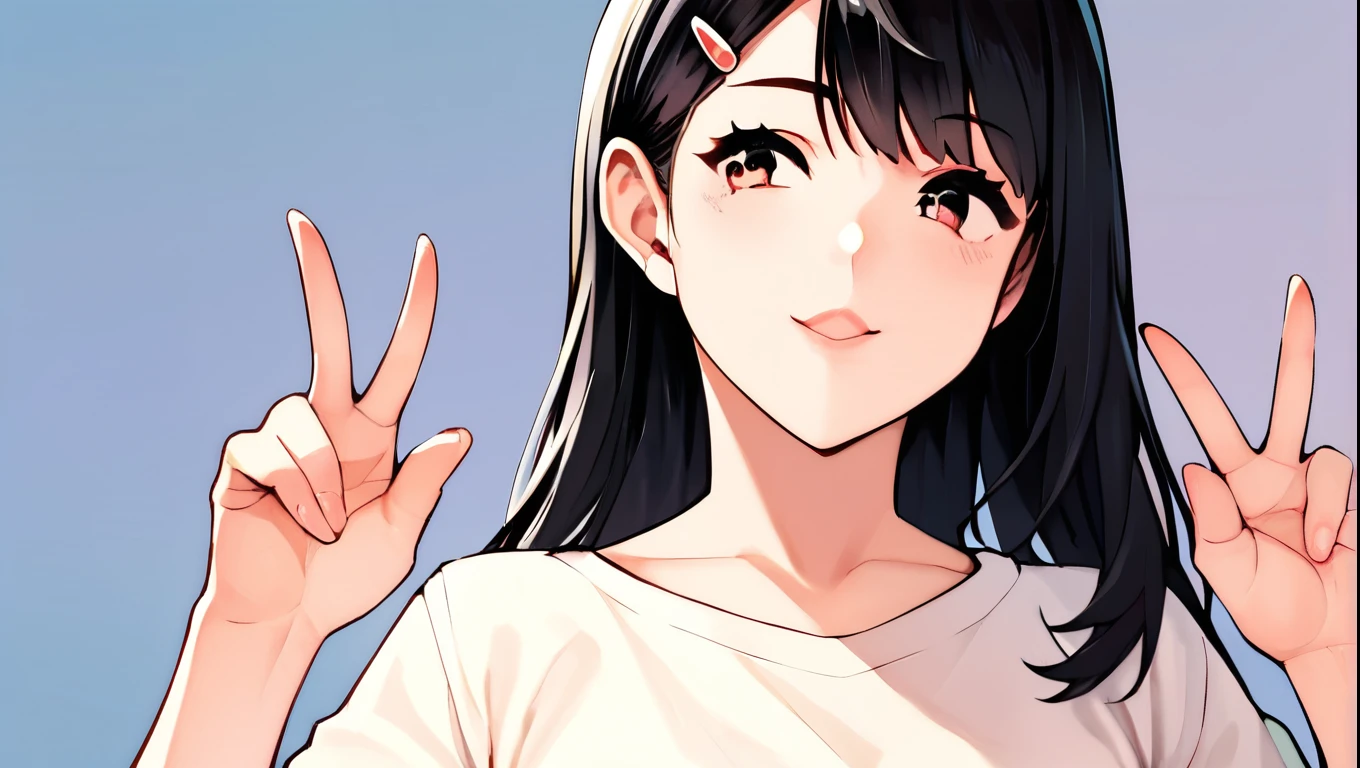 score_9, score_8_superior, score_7_superior, Cowboy Shot, One girl, amount, Hair Clip, Voice of the Heart, Black Hair, bangs,
, Double Peace