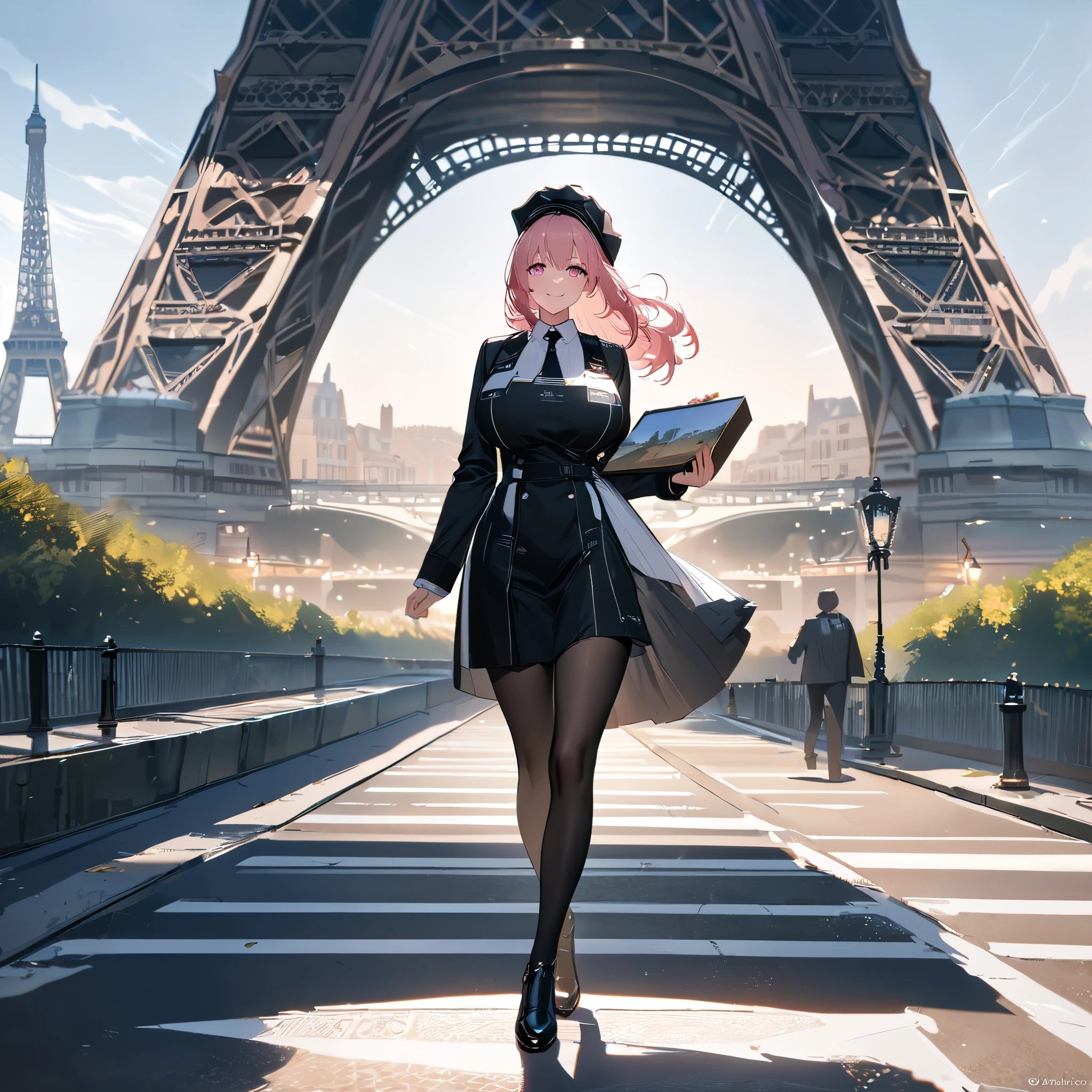 A woman wearing a professional painter's uniform, black French painter's hat, long pink hair, pink eyes, smiling, big breasts, black tights, women's shoes, holding painting items, walking on a sidewalk overlooking the Eiffel Tower, place of day, perfect face.,shadow, flower, UHD, masterpiece, accurate, anatomically correct, textured skin, super detail, high quality, best quality, 8k, high resolution, bokeh effect. (woman alone)
