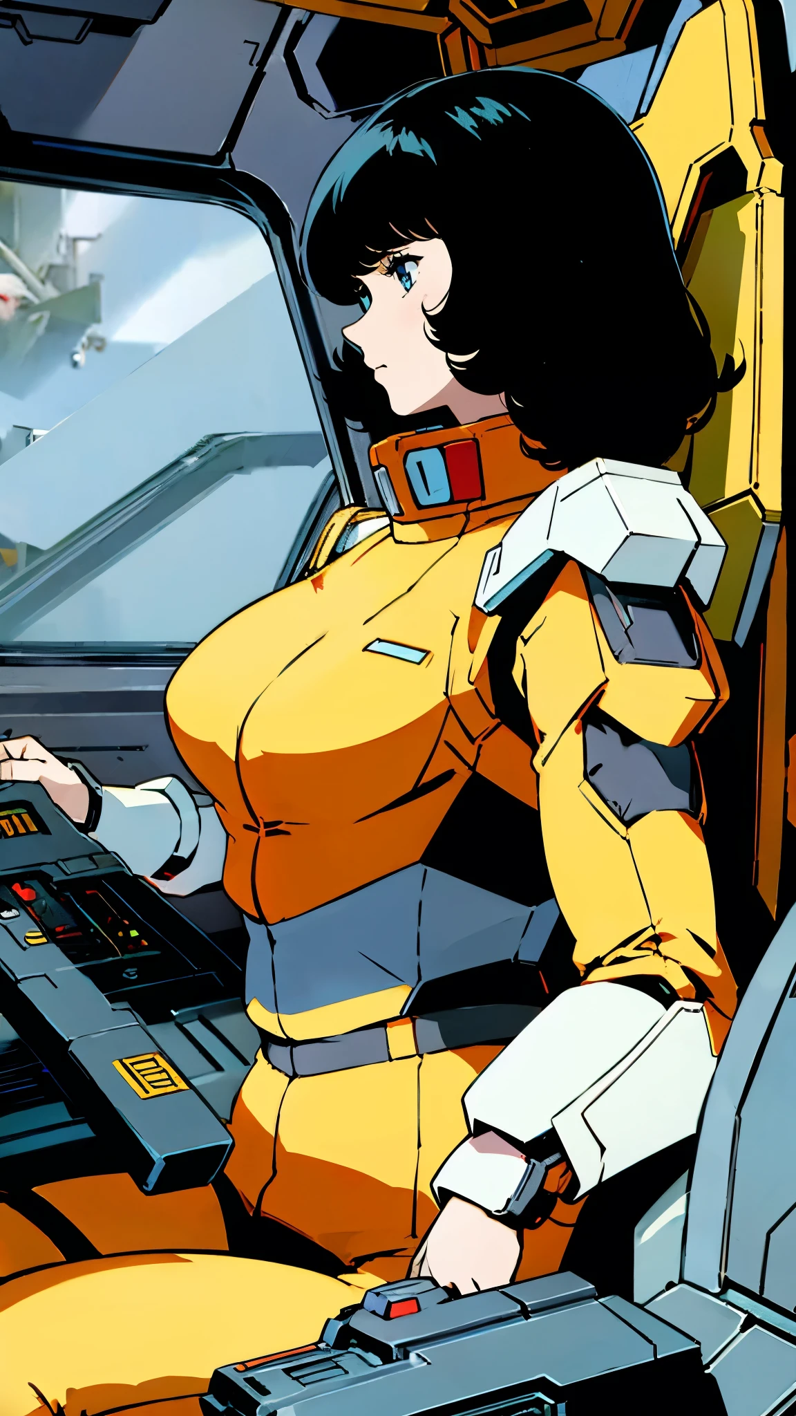 Mobile Suit Cockpit、profile、Black Hair、Pilot Suit、Large Breasts、