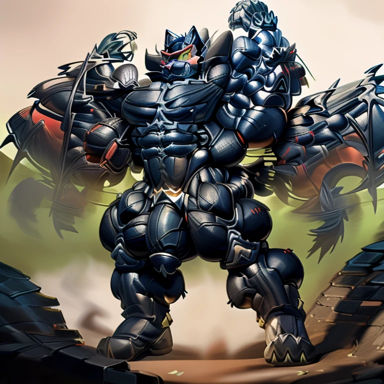 (Incineroar, 8K), (Masterpiece, highres)
(wearing crNanosuit, crNanosuit,  black visor, black nanosuit)
(Detailed head, Detailed Body,  Detailed abs,  full body)
(gigantic muscles, Gigachad Muscular, big muscle, pecs, triceps, traps, unusually developed muscular body, body full of huge muscles. showing off muscles, pectorales enormes, Exaggeratedly huge muscles.)
(nj5furry, The claws are sharp, Sharp teeth, sharp claws)
(long legs)
(black wings, Spread wings, It has wings, have big wings) Four arms
(black color hyper penis, hyper black penis) 
(Incineroar in stylish nanosuit)
(bodybuilder)