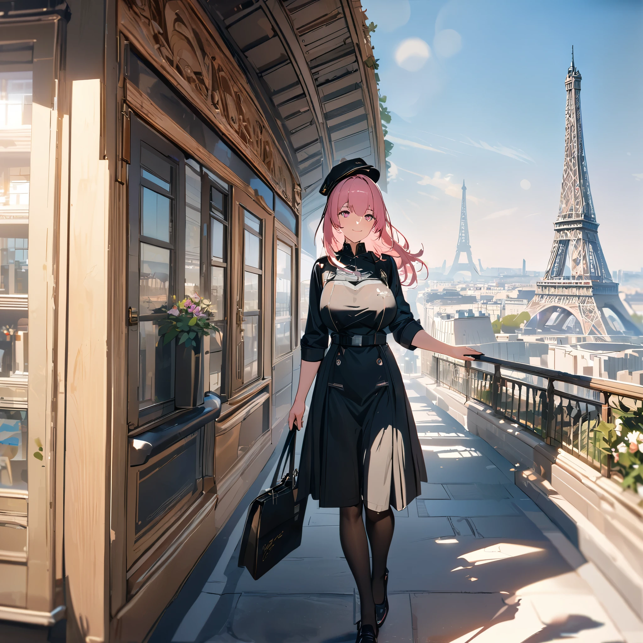 A woman wearing a professional painter's uniform, black French painter's hat, long pink hair, pink eyes, smiling, big breasts, black tights, women's shoes, holding painting items, walking on a sidewalk overlooking the Eiffel Tower, place of day, perfect face.,shadow, flower, UHD, masterpiece, accurate, anatomically correct, textured skin, super detail, high quality, best quality, 8k, high resolution, bokeh effect. (woman alone)
