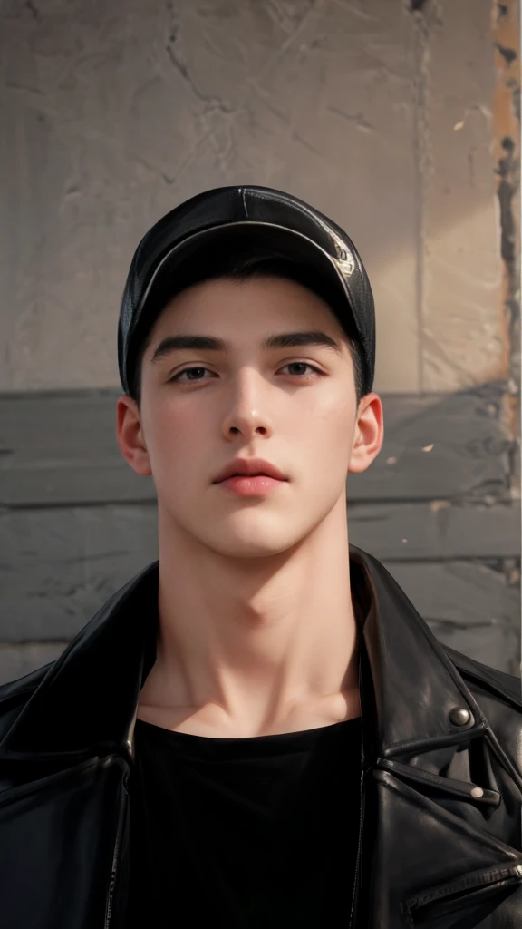 masterpiece, 1boy, young, handsome, black hair, undercut hair, hat, leather jacket, perfect face, detailed eyes and face,black eyes, clean shaved, muscular, capturing a rural atmosphere, dynamic lighting, unreal engine 5