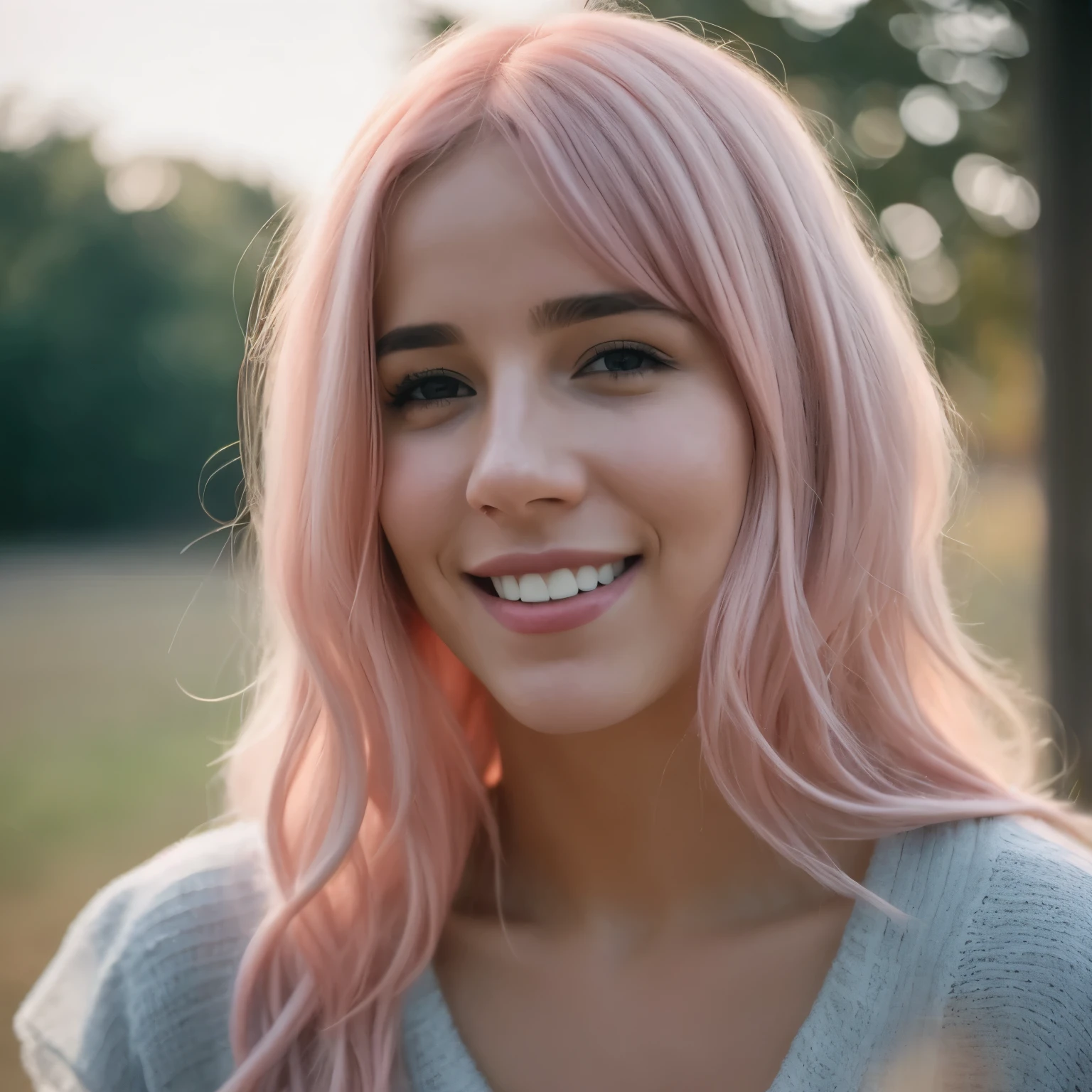 a girl that exudes peace, pink hair