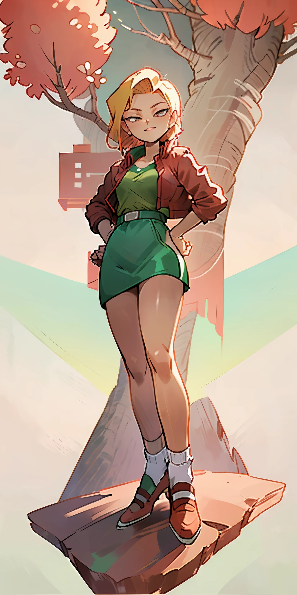 (Full body, view from below, cowboy shot, looking at viewer, masterpiece, best quality, ultra detailed, immaculate:1.2) Android 18 from DBZ, 30 y.o. woman, red eyes, short BLONDE hair, posing for photo, seductive smile, grey jacket, red necktie, green skirt, Sakura tree, building, (pinched eyes) (closed mouth) (hands on hips)