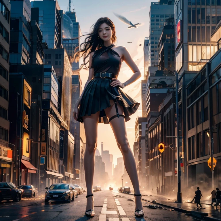 Aerial View,giantesscity,giant girl 50 feet high,Have a pair of ultra long legs,stepping in the crowd,many people in street,a pair of huge breasts,Princess,mini skirt,black silk socks,Has black waist-length hair,Wearing a pair of Mary Jane heels,A look of enjoyment,standing on a ruins,Beautiful appearance,Exquisite makeup,quality,8k,High quality,Perfect proportion, Cinema lighting,film grain,Fuji colors,8k,textured skin,Super details,high detail,high quality,high resolution,explode,fake smile