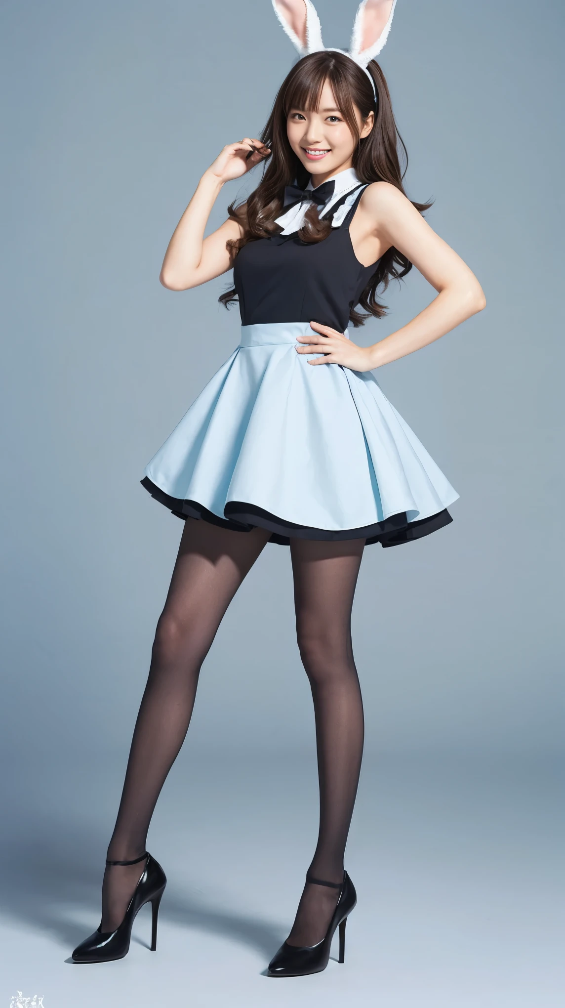 Bunny girl in light blue maid outfit:1.5,Wearing light blue tights:1.5,The best smile:1.5,Full Body Shot:1.5,Gray background:1.5,Wearing black high heels:1.5,Short cut side wave:1.5,
