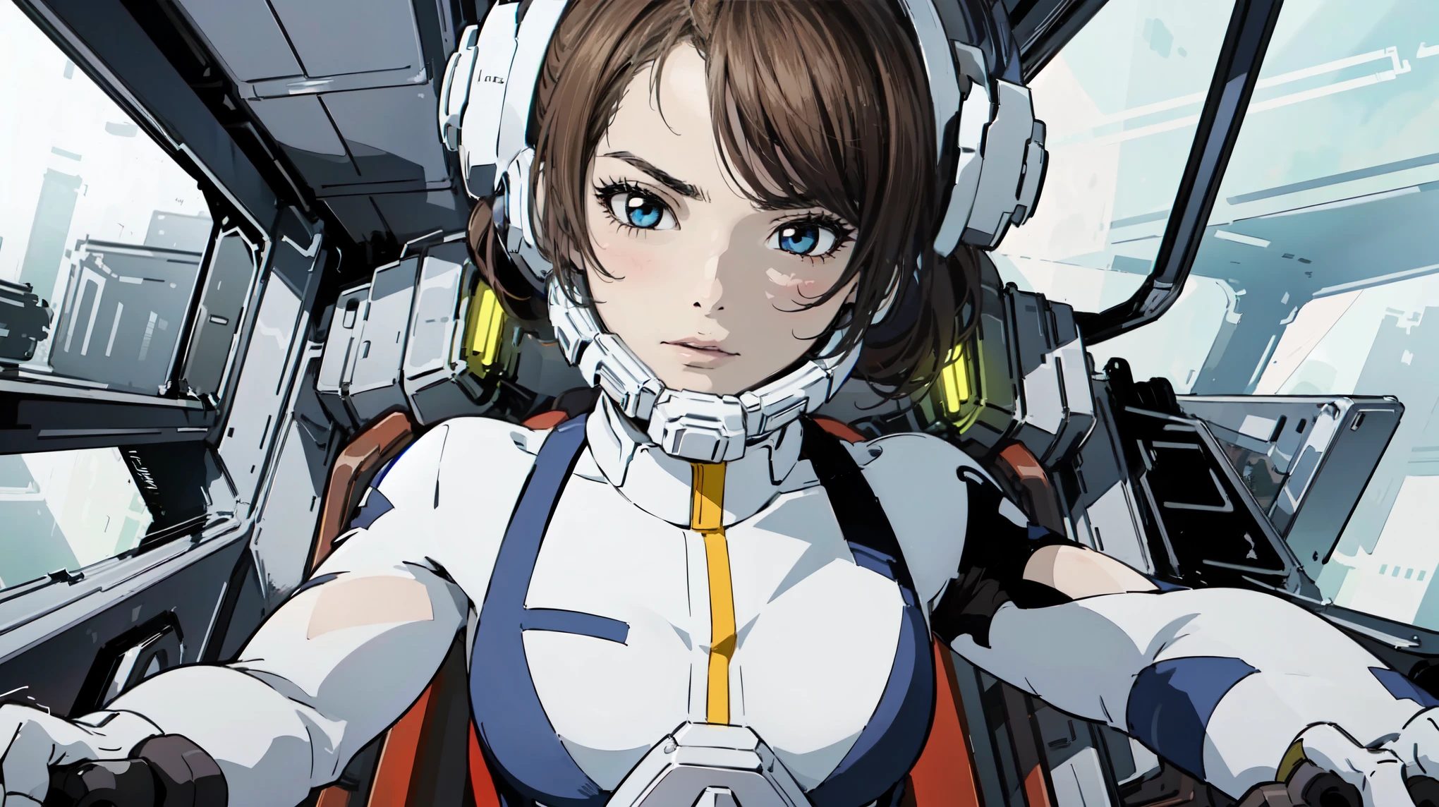 "In a futuristic cockpit, a beautiful girl with light brown hair tied up in twintails captivates with her noble temperament. Her eyes, vibrant purple and highly detailed, wore a furious expression on her face. She wears a white helmet covering her face while mechanical buttons surrounding her add a futuristic touch. The scene is bathed in a purple hue, accentuating the girl's captivating presence. The lighting creates a sense of depth and adds an ethereal glow to the entire composition. This artwork is of the best quality, with ultra-detailed features and a photorealistic style that brings the girl and her surroundings to life."