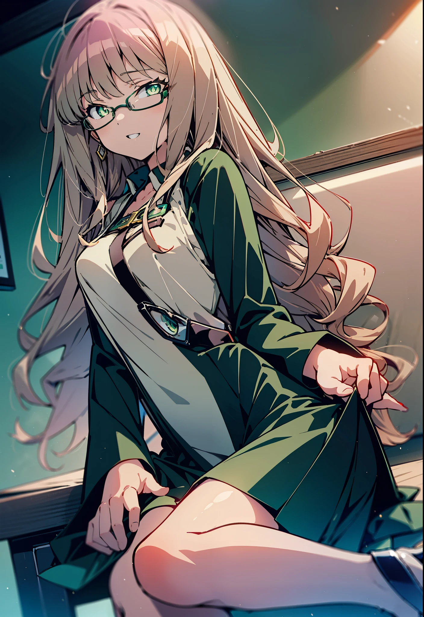 minami yume ,sss Dynazenon ,Long Hair, Brown Hair, (Green Eyes:1.5) ,Center of chest,hair band,happy smile, smile, Open your mouth, Black-rimmed glasses, Black dress,Short sleeve,Black long skirt,Stiletto heels,sitting cross-legged on a chair,Daytime,Clear skies,whole bodyがイラストに入るように,There is a computer on the table,
break looking at viewer, whole body(Cowboy Shot:1. 5)
break indoors, office,
break (masterpiece:1.2), highest quality, High resolution, unity 8k wallpaper, (shape:0.8), (Beautiful and beautiful eyes:1.6), Highly detailed face, Perfect lighting, Highly detailed CG, (Perfect hands, Perfect Anatomy),