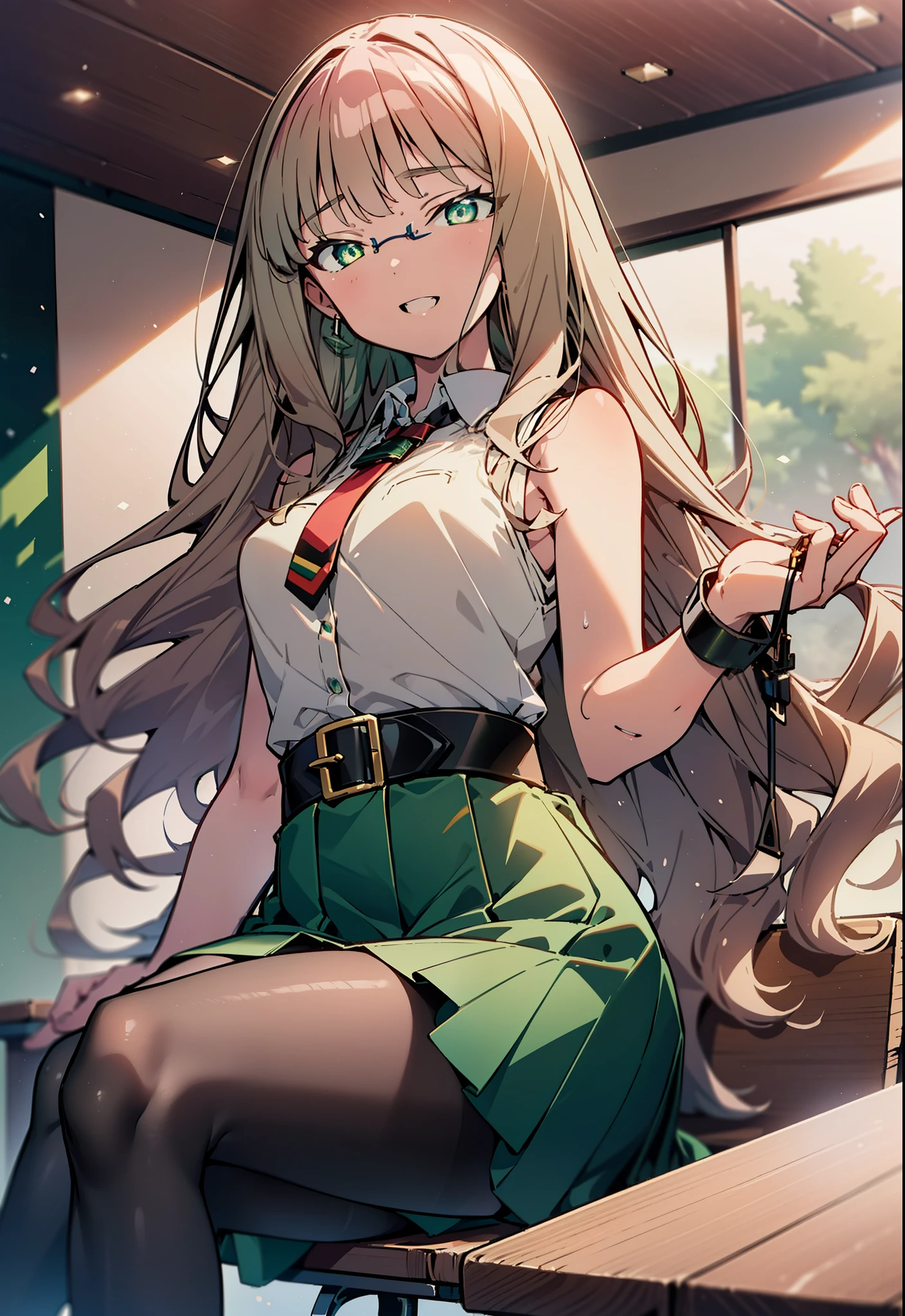 minami yume ,sss Dynazenon ,Long Hair, Brown Hair, (Green Eyes:1.5) ,Center of chest,hair band,happy smile, smile, Open your mouth, Black-rimmed glasses, Black dress,Short sleeve,Black long skirt,Stiletto heels,sitting cross-legged on a chair,Daytime,Clear skies,whole bodyがイラストに入るように,There is a computer on the table,
break looking at viewer, whole body(Cowboy Shot:1. 5)
break indoors, office,
break (masterpiece:1.2), highest quality, High resolution, unity 8k wallpaper, (shape:0.8), (Beautiful and beautiful eyes:1.6), Highly detailed face, Perfect lighting, Highly detailed CG, (Perfect hands, Perfect Anatomy),