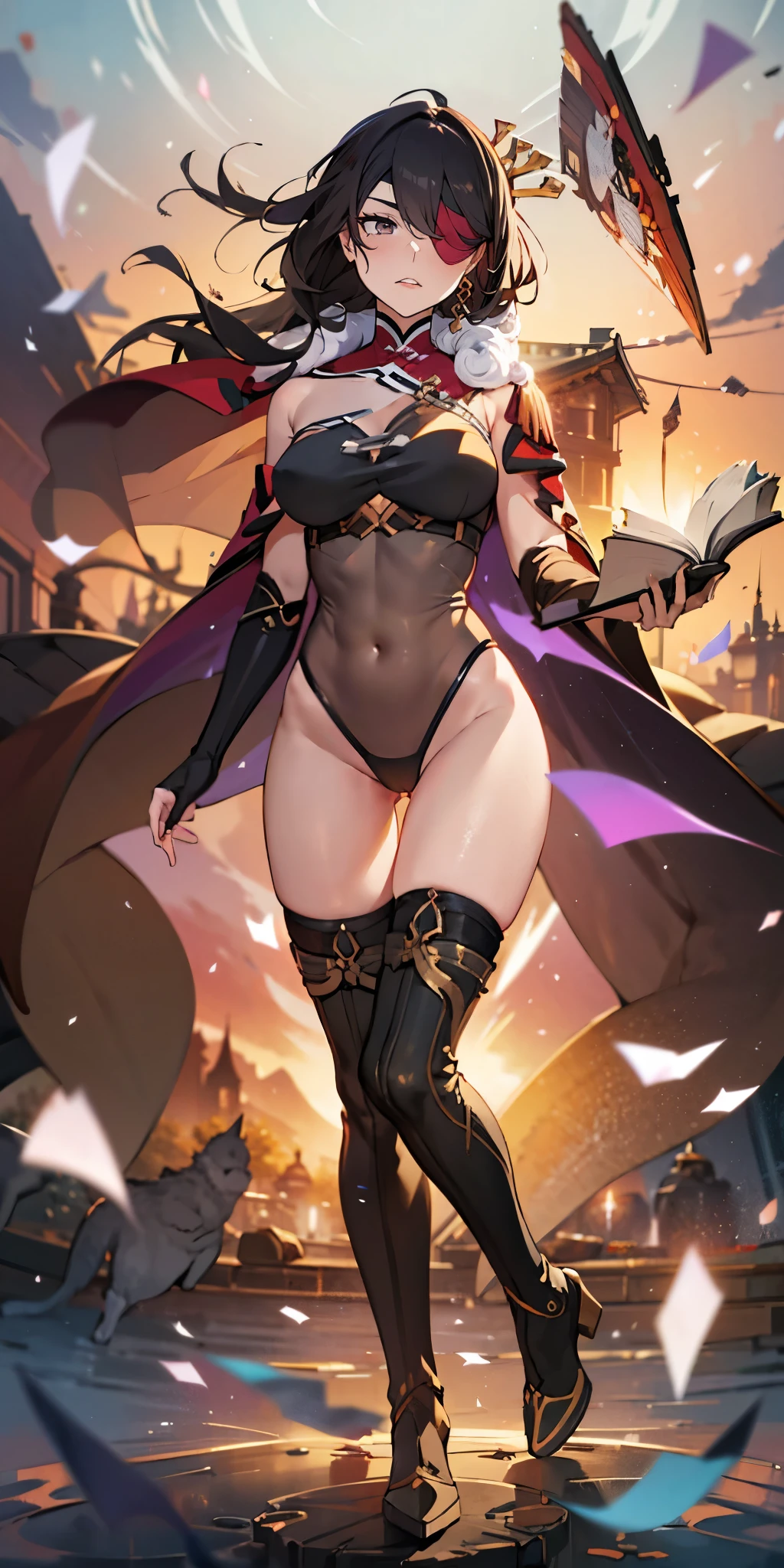 long hair, hairpin, hair over one eyes, beidou, eyepatch, muscular female, curvy, anatomical correct, 1girl, solo, breasts, looking at viewer, large breasts, simple background, thighhighs, long sleeves, white background, jewelry, medium breasts, full body, thighs, boots, parted lips, belt, black thighhighs, cape, black footwear, leotard, groin, book, covered navel, glowing, thigh boots, highleg, ass visible through thighs, thigh gap, gem, black leotard, bridal gauntlets, cloak, highleg leotard, floating, wide hips, impossible clothes, open book, magic, forehead jewel, floating object, bare hips, purple cape, impossible leotard, levitation, floating book, hollow eyes, maroon eyes, eyepatch, lips, cheek, expressionless, glaring eyes, upper teeth,