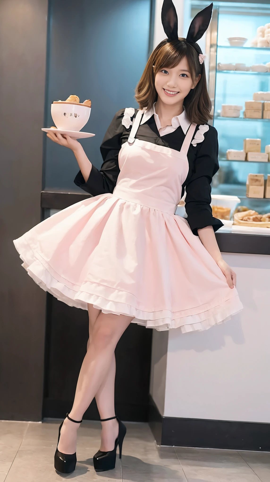 A bunny girl in a light pink maid outfit working at a maid cafe:1.5，The best smile:1.5，Full Body Shot:1.5，Gray background:1.5，Wearing black high heels:1.5，Brown hair, short cut, side wavy:1.5