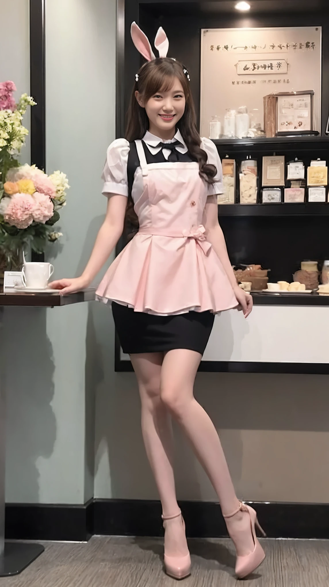 A bunny girl in a light pink maid outfit working at a maid cafe:1.5,The best smile:1.5,Full Body Shot:1.5,Gray background:1.5,Wearing black high heels:1.5,Brown hair, short cut, side wavy:1.5