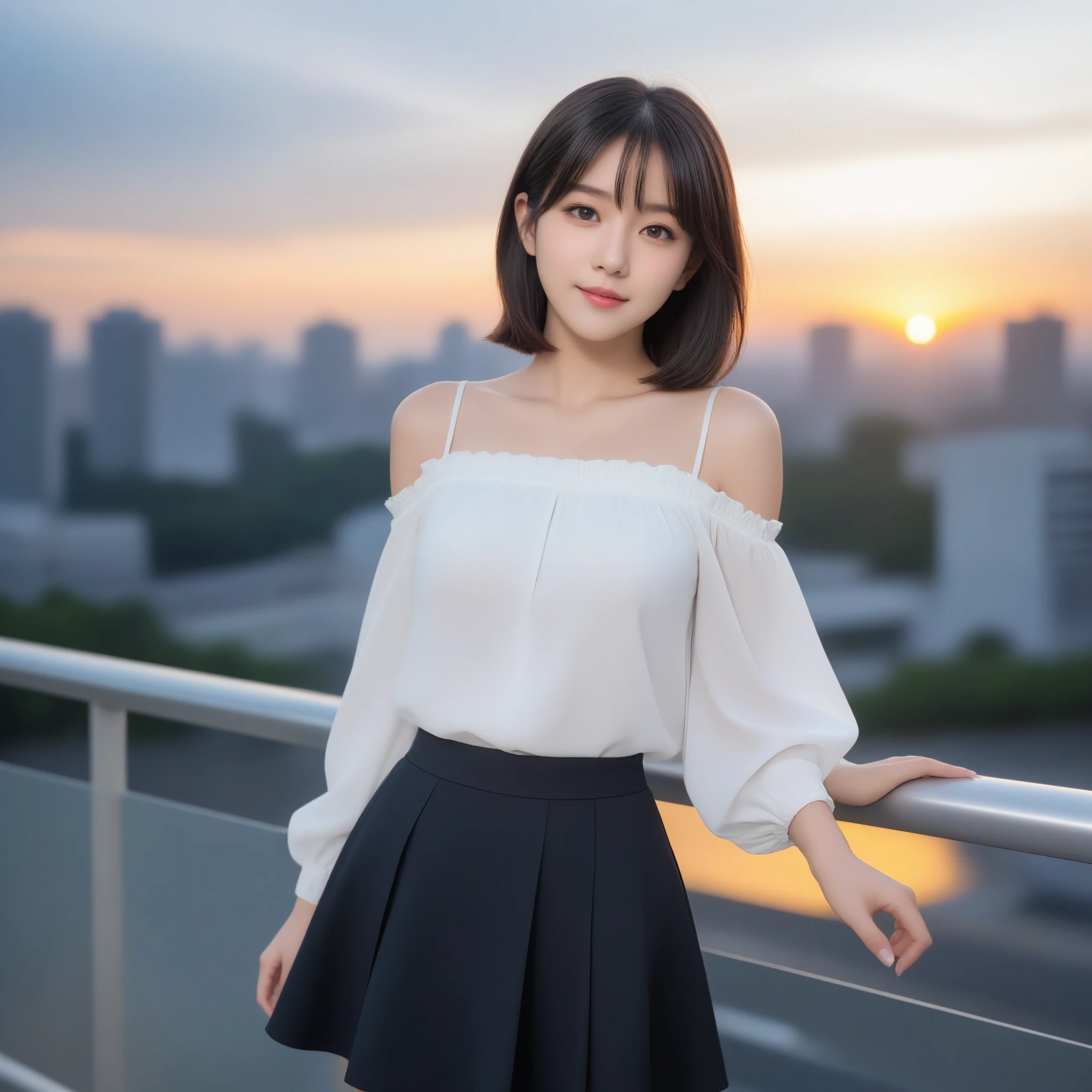 8k, Ultra-high resolution, highest quality, masterpiece, Rule of thirds photography,Surreal, photograph, 1 girl, (16 years old:1.3), pretty girl, Cute Face, Beautiful eyes in every detail, 細かくdetailedに,masterpiece,, One Girl:1.2, Japan Female Announcer, whole body, whole body、A friendly face、1 pretty girl、clavicle,blouse、Pencil Skirt、Pedestrian bridge、Skyscraper、sunset、Complex background、detailedな髪、light black hair、Dim lighting、Short hair length、There is movement,Looking at the audience、beauty,Long neck、Laugh a little、Please close your mouth and laugh、(((Ideal body type))),A cup small breasts :2,whole body、Perfect Anatomy、鮮明なdetailed、detailed、Surreal、Light and shadow,Strong light