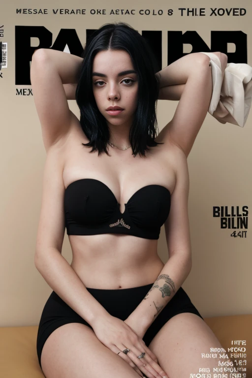 Dslr photo, photograph, (8k, 4k, masterpiece), beautiful sexy woman, magazine cover, (black hair), (tube top), sitting, solo, 1girl, (wide shoulders), (extraarms:1.2), (woman with 4 arms), (four arms), (top hands on head), (billie eilish)
