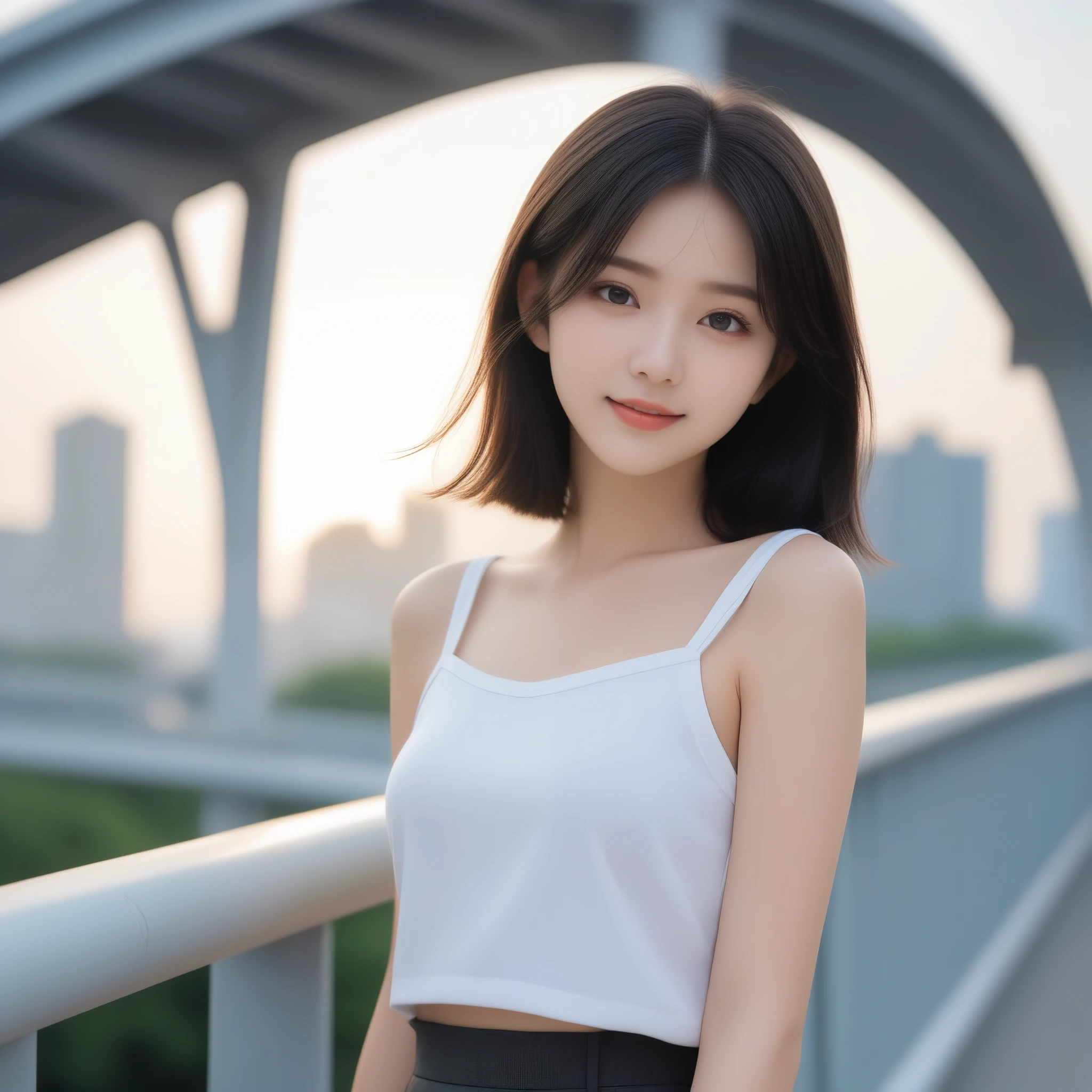 8k, Ultra-high resolution, highest quality, masterpiece, Rule of thirds photography,Surreal, photograph, 1 girl, (16 years old:1.3), pretty girl, Cute Face, Beautiful eyes in every detail, 細かくdetailedに,masterpiece,, One Girl:1.2, Japan Female Announcer, whole body, whole body、A friendly face、1 pretty girl、clavicle,blouse、Pencil Skirt、Pedestrian bridge、Skyscraper、sunset、Complex background、detailedな髪、light black hair、Dim lighting、Short hair length、There is movement,Looking at the audience、beauty,Long neck、Laugh a little、Please close your mouth and laugh、(((Ideal body type))),A cup small breasts :2,whole body、Perfect ???????、鮮明なdetailed、detailed、Surreal、Light and shadow,Strong light