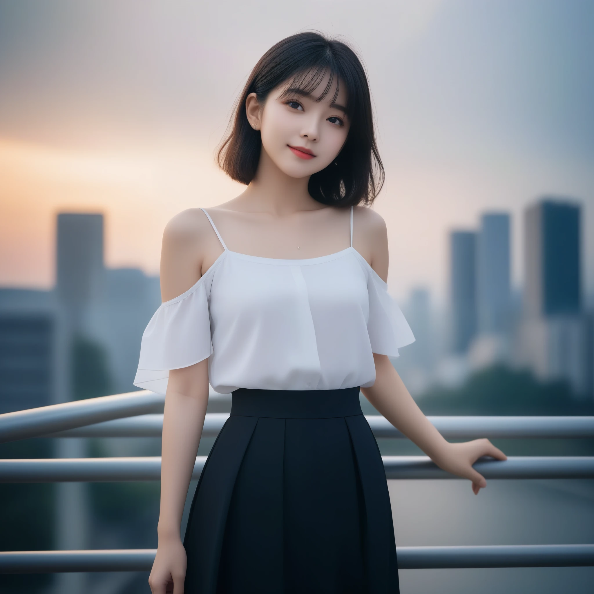 8k, Ultra-high resolution, highest quality, masterpiece, Rule of thirds photography,Surreal, photograph, 1 girl, (:1.3), pretty girl, Cute Face, Beautiful eyes in every detail, 細かくdetailedに,masterpiece,, One Girl:1.2, Japan Female Announcer, whole body, whole body、A friendly face、1 pretty girl、clavicle,blouse、Pencil Skirt、Pedestrian bridge、Skyscraper、sunset、Complex background、detailedな髪、light black hair、Dim lighting、Short hair length、There is movement,Looking at the audience、beauty,Long neck、Laugh a little、Please close your mouth and laugh、(((Ideal body type))),A cup small breasts :2,whole body、Perfect Anatomy、鮮明なdetailed、detailed、Surreal、Light and shadow,Strong light
