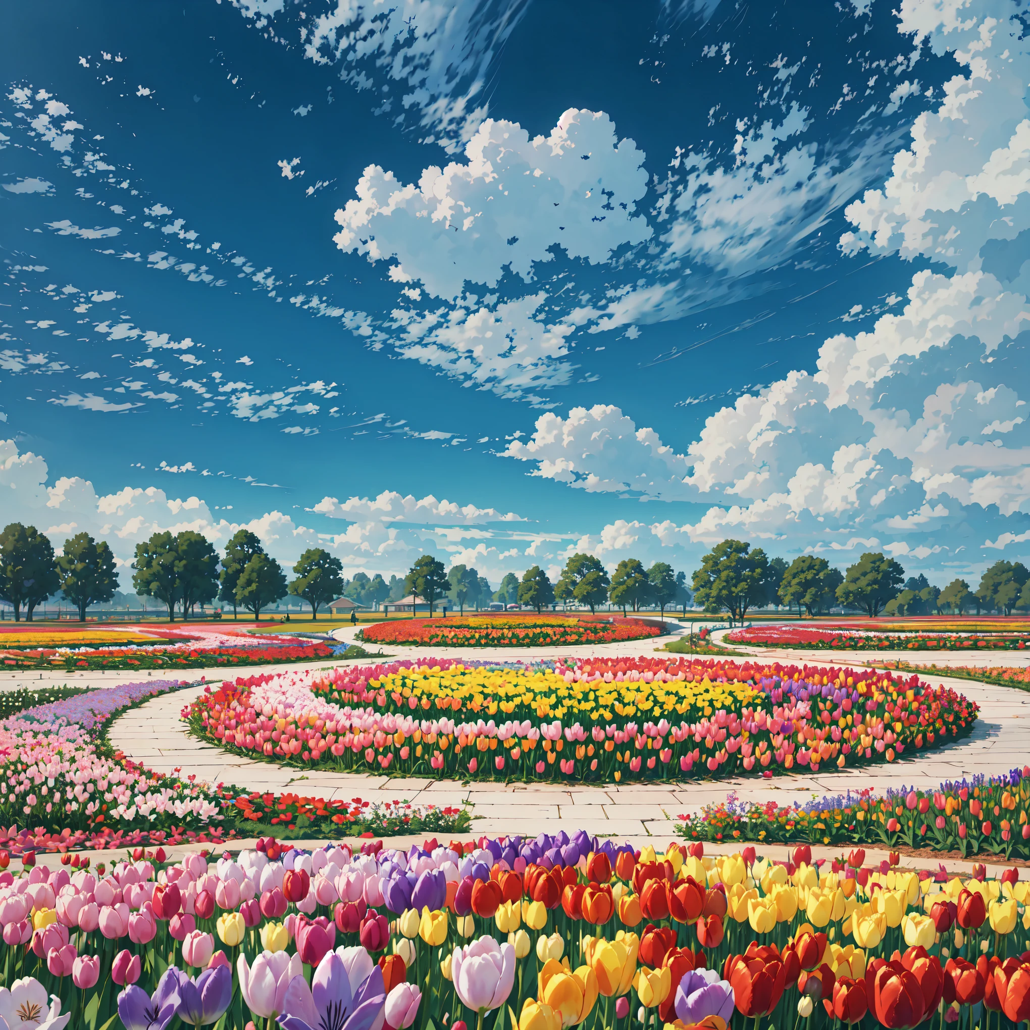 (Photorealistic)、 An elaborate botanical garden:1.5，highest quality, masterpiece l(1.4), (Vibrant and colorful tulip flower fields,),Gentle brick tile walkway,Endless tulip fields,Sky blue sky,Clouds go,A wealth of colours and textures. (Colorful tulips,), This garden is a treat for the eyes. The AI platform renders this scene in a whimsical, dreamlike style.。, With soft brushstrokes and pastel colors.