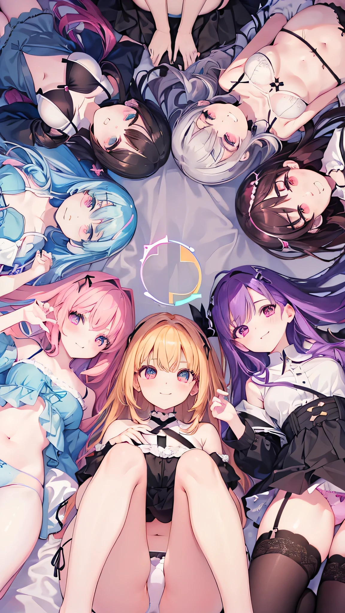 (((focus panties))), (I look up at the five girls from the ground.)、(Five girls are standing in a circle around me, looking down at me.)、((circle))、(seductive evil grin), (((5 giant girls)))、((angle from below)), ung face, (thighs), 5panties, belly button、(angle from under 5 girls), Raise your knees、The girls have their feet on me、