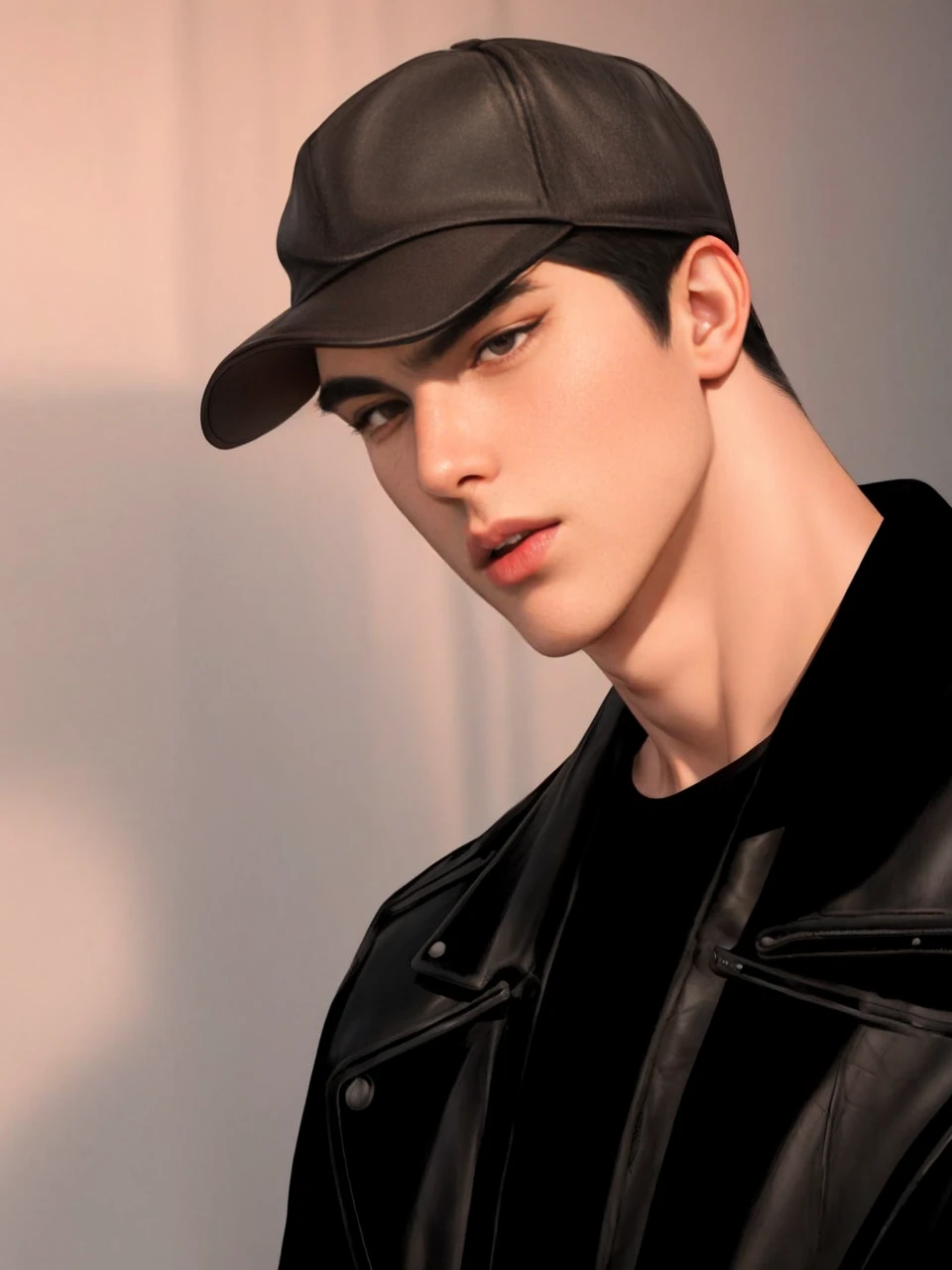 masterpiece, 1boy, young, handsome, black hair, undercut hair, hat, leather jacket, perfect face, detailed eyes and face,black eyes, clean shaved, muscular, capturing a rural atmosphere, dynamic lighting, unreal engine 5