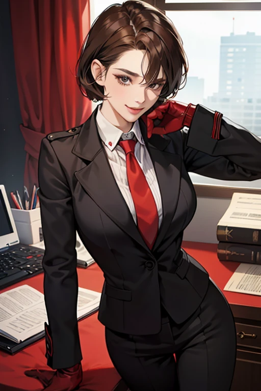 A mature woman with short brown hair, wearing a black suit with red patent leather gloves in an office, is holding a penis in her tie and looking down coldly with a smile