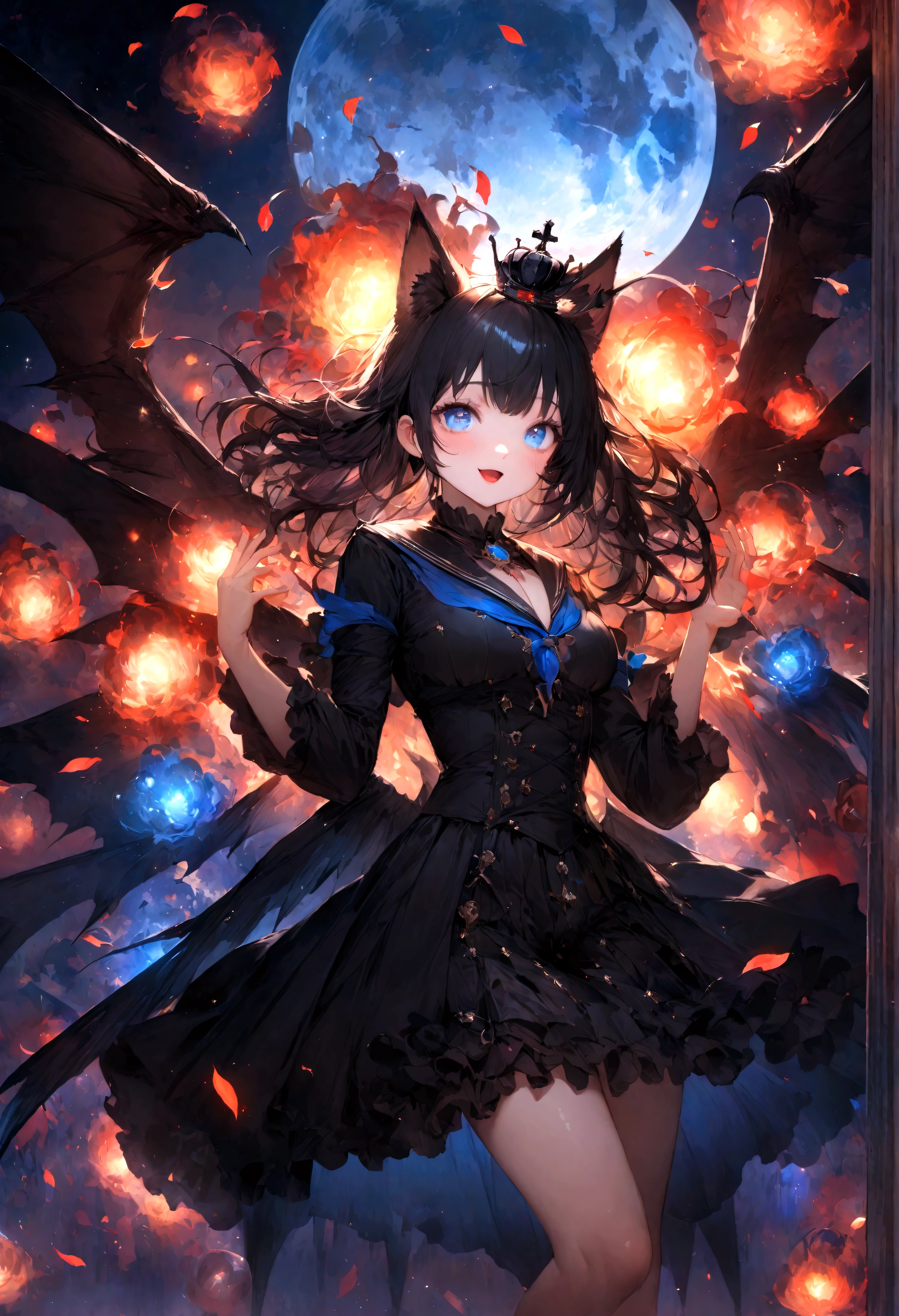 Marine Sailor、Sparkling blue eyes、beautiful目、Strong Eyes、Black wings、Black Crown、girl、whole body、Black Hair、Cute black cat ears、beautiful青い目、Black Crown、Black and blue vampire wings、Glare、Also々funny Face、beautiful、blue Moon、Lots of shining light、gem、Lots of blue light、Fantasy black cat，AmbiLight，The colors are vivid and bright，Black background，haze，Detailed Description，Rich details，An explosion of imagination，Surreal，Ultra-realistic，masterpiece，8k，Light，Tyndall effect
