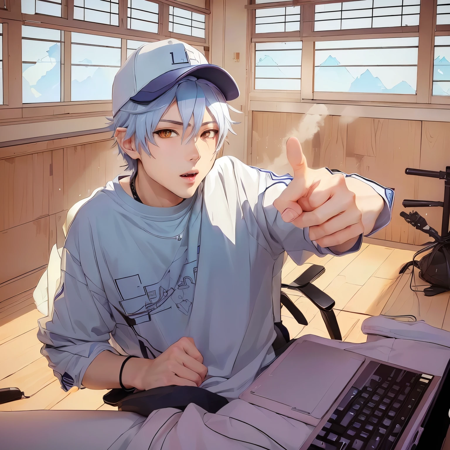 Anime Shōnen in a baseball cap pointing at a laptop, With index finger, Handsome anime pose, Young Anime Guy, kaworu nagisa, Anime Styleに, Anime Style, 2D Anime Style, As an anime character, On pixiv, Anime Shōnen, High quality anime art style, On pixiv人気, Male Anime Style, High quality fan art