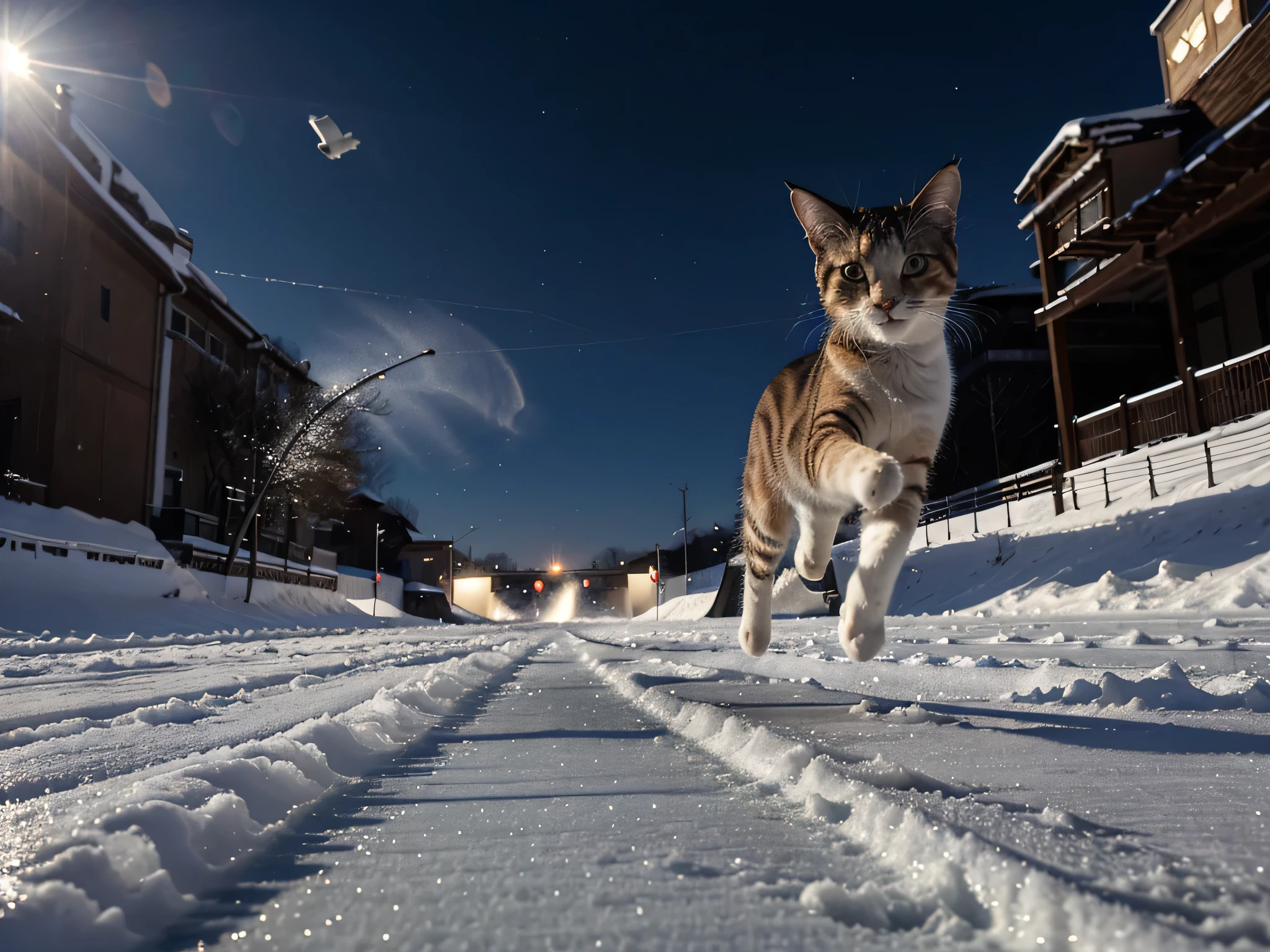 There is a cat jumping in the snow, Cat floating in the air, great cat, Electric cat flying across the ice, jump towards viewer, Jump to the viewer, run cat, Happy cat, Cheers, wave to the camera, run, funny cat, pounce, Running towards the camera, jump, Pounce on the audience