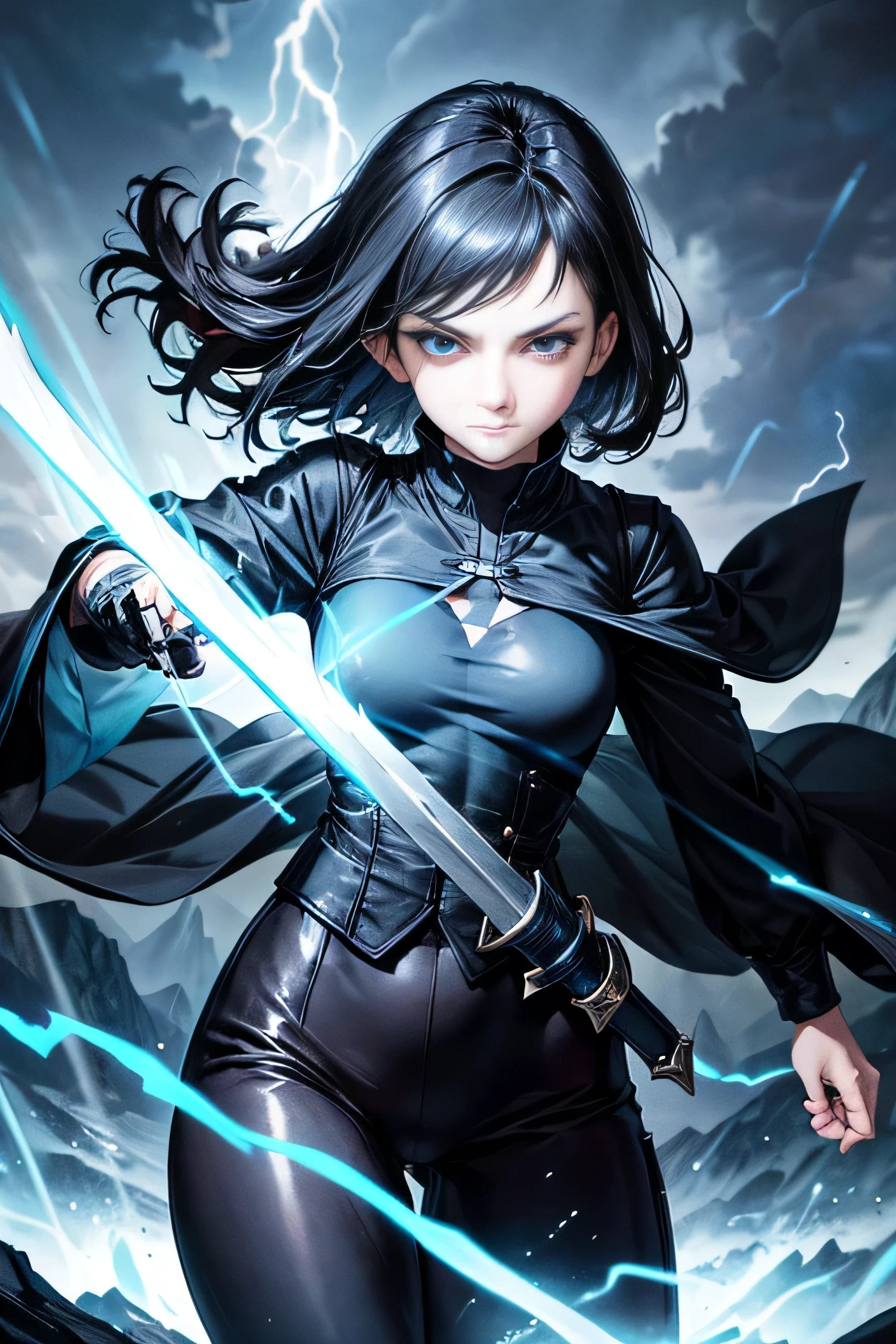 highly detailed, masterpiece, best quality, correct hands, small breasts, short black hair, blue eyes, black robes, black pants, blue shirt, black vest, defined curves, smug look, satisfied look, mountain background, storm, lightning, holding a sword, floating, stormy atmosphere, surrounded by lightning, flying, off the ground