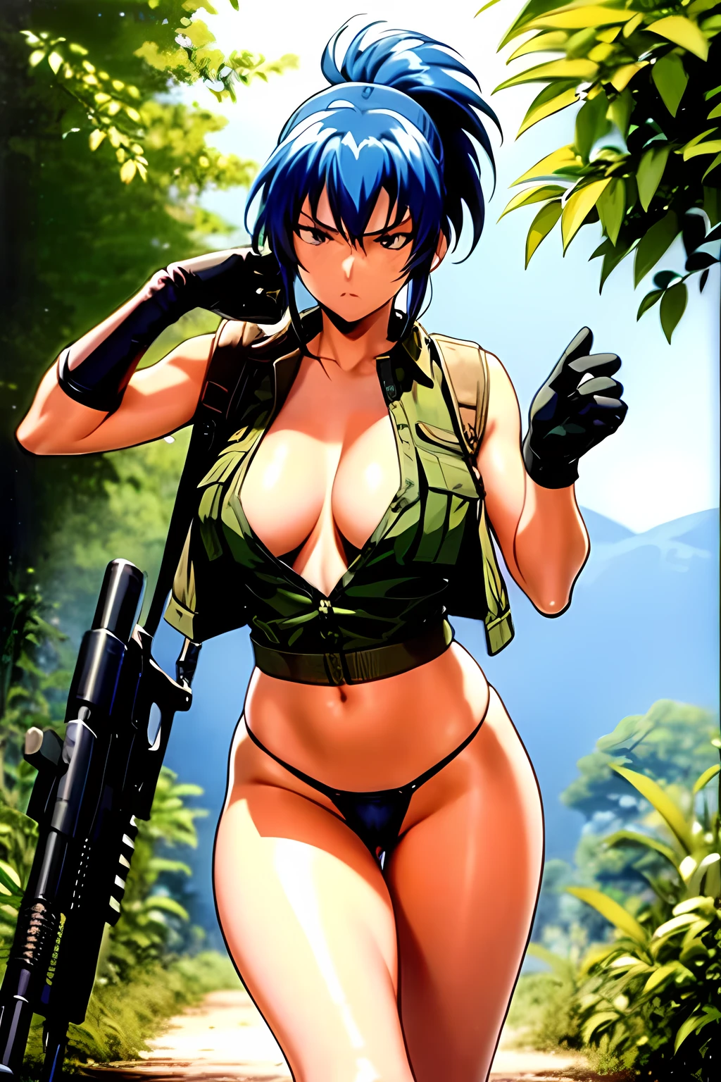 masterpiece, best quality, anime 1990s \(style\, leona heidern, sexy, naked, thong ,open vest., jungle, tactical, pony tail, serious, cammo, army, soldier, blue hair, warfare, war, wet, gloves, sexy pose