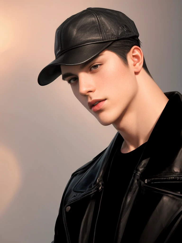 masterpiece, 1boy, young, handsome, black hair, undercut hair, hat, leather jacket, perfect face, detailed eyes and face,black eyes, clean shaved, muscular, capturing a rural atmosphere, dynamic lighting, unreal engine 5