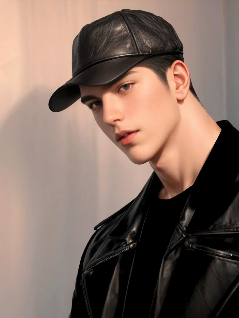 masterpiece, 1boy, young, handsome, black hair, undercut hair, hat, leather jacket, perfect face, detailed eyes and face,black eyes, clean shaved, muscular, capturing a rural atmosphere, dynamic lighting, unreal engine 5