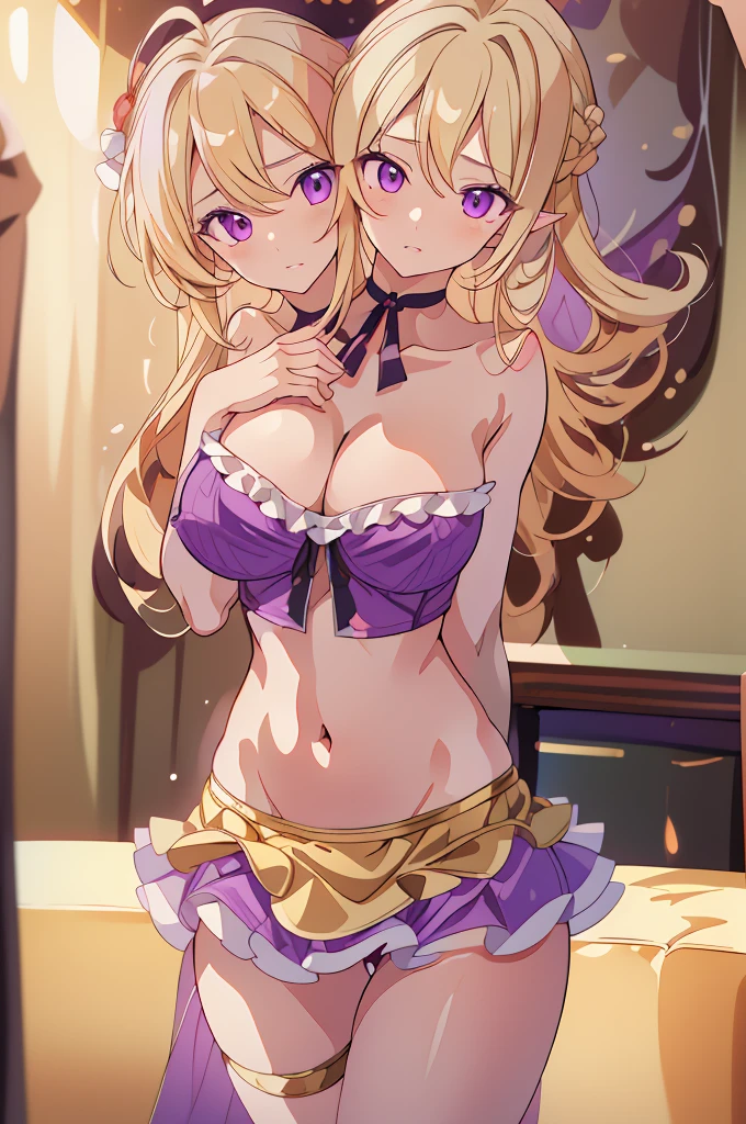 (masterpiece, best quality), best quality, (ultra-detailed), (3heads:1.5), 1girl, (yakumo yukari:1.3), masterpiece, best quality, ultra quality, ultra resolution, ultra detail, purple top, crop top, ((stomach)), midriff, ((groin)), purple skirt, frilled skirt, normal ears, shackles, blonde hair, very long hair, wavy hair, sidelocks, purple eyes, parted lips, open belly, sweat, cute, toned belly, hand on own chest, eyelashes, (24 year old woman:1.3), (masterpiece:1.5), (best quality:1.5), (beautiful detailed), extremely detailed CG, extremely delicate and beautiful, depth of field, (finely detailed face), (perfect details:1.2), ( female:1.3), wide pelvis, slender, large veiny breastresolution, highres, high quality, high definition, extremely detailed, masterpiece, best quality, blonde hair, long hair, alluring presence, braid, short skirt, close up, big tits, yolls, hat, hat ribbon, midriff, nsfw,