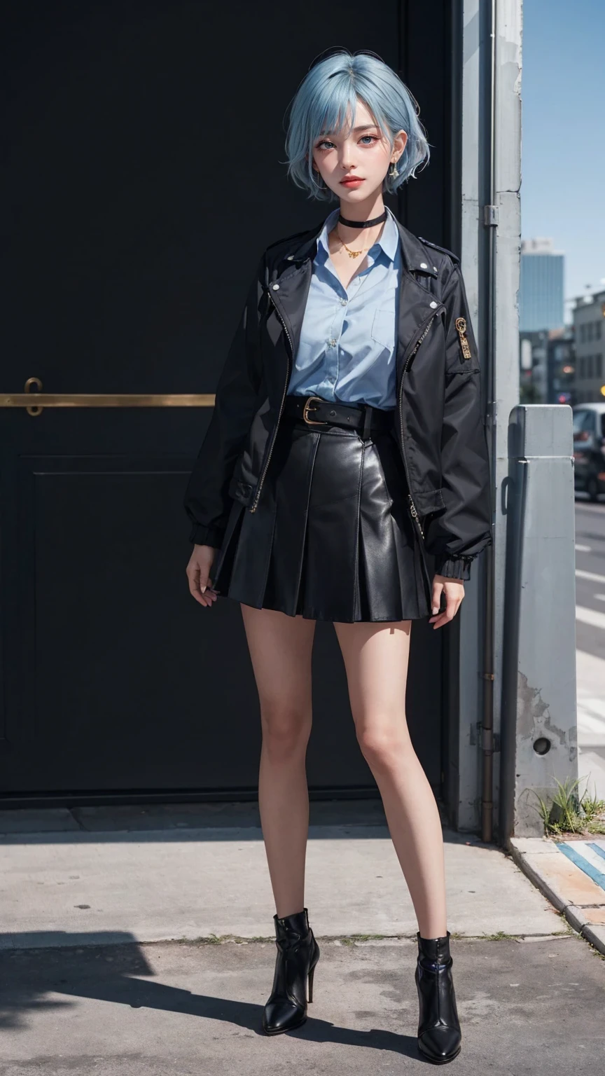 masterpiece, best quality, 4K, ultra-detailed, photorealistic, 1 girl, (A fascinating eye for perfect detail:1.2), smirk, (gold earrings), (short light blue hair), ((letting hair blow in the wind)), black choker, (put on a black jacket without passing it through the sleeves), ((black skirt)), ((white collared shirt)), (long sleeves), (black belt), (black high heels), (front view), (full body), cityscape