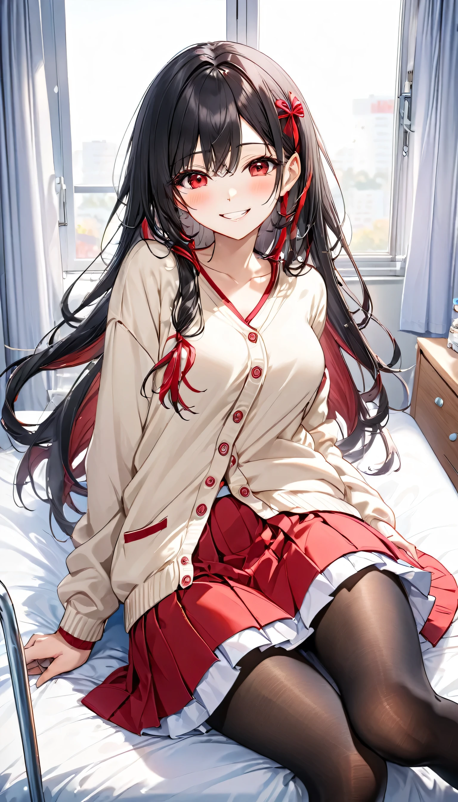 (visit style) (solo straight black hair long hair cute dominance girl, detailed cool red eyes, grin, 18 yo, love smile, big tits), (in a school summer cardigan, red ribbon, skirt, detailed black tights), BREAK, (in the hospital bedroom, wariza on bed), (focus leg), perfect anatomy, masterpiece, best quality, 16k, beautiful detailed grow, daydreaming expression.