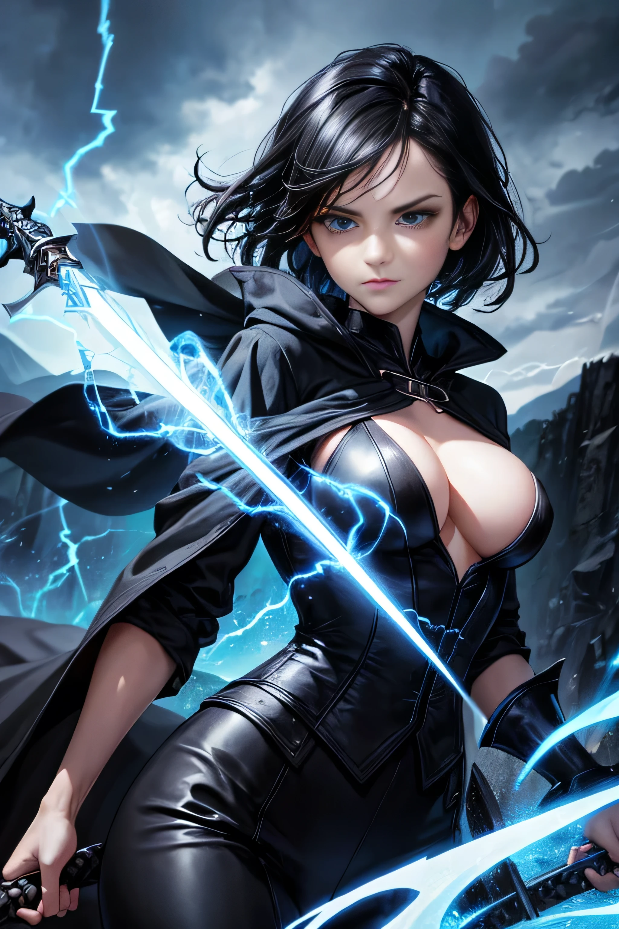 highly detailed, masterpiece, best quality, correct hands, medium breasts, short black hair, blue eyes, black robes, black pants, blue shirt, black vest, defined curves, smug look, satisfied look, mountain background, storm, lightning, holding a sword, floating, stormy atmosphere, surrounded by lightning, flying, off the ground