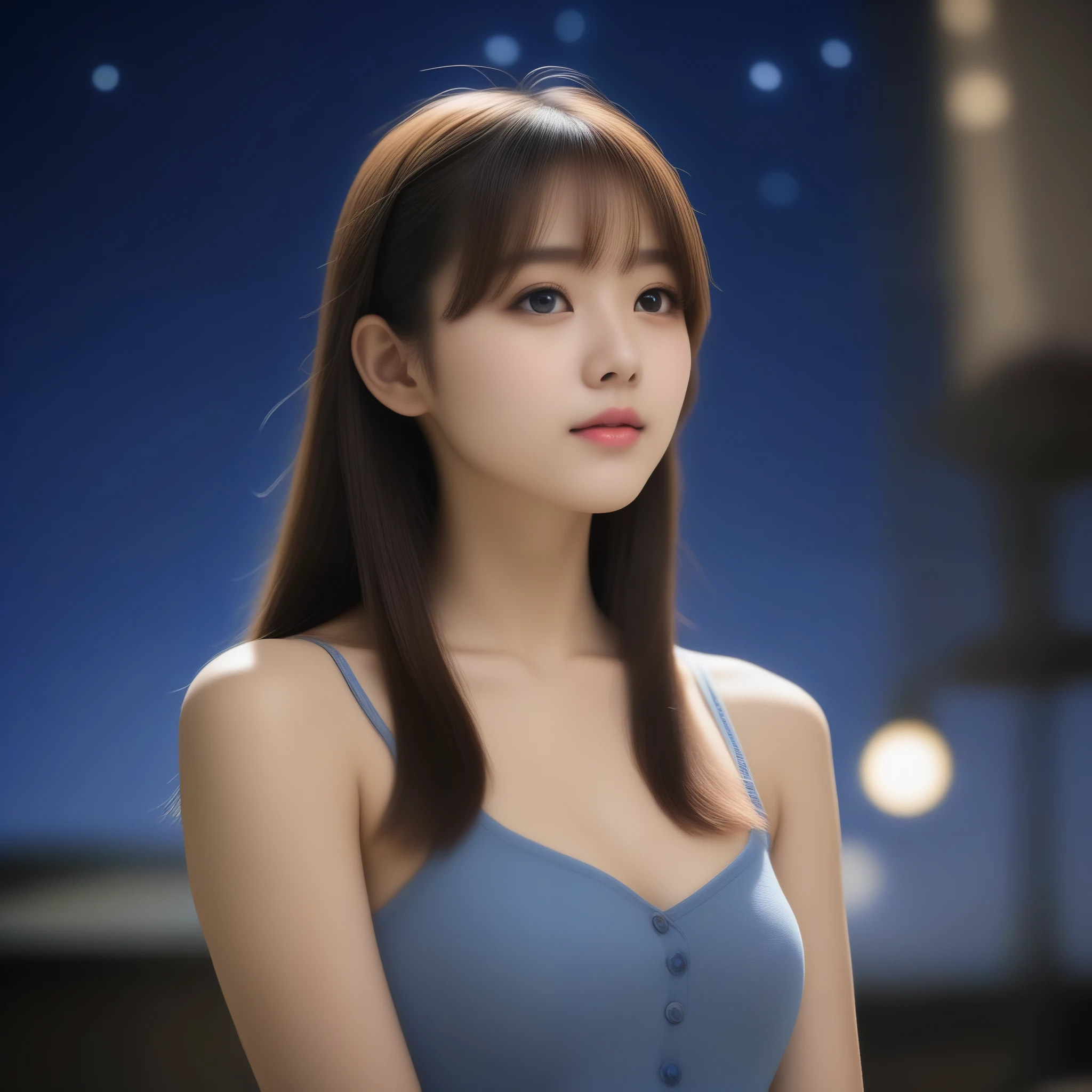 8k, Ultra-high resolution, highest quality, masterpiece, Rule of thirds photography,Surreal, photograph, 1 girl, (:1.3), pretty girl, Cute Face, Beautiful eyes in every detail, 細かくdetailedに,masterpiece,, One Girl:1.2, Japan Female Announcer, Minimum, Harmony, beautiful, Great scene, Dystopia, (night, Starry Sky:1.4), Broken Building,  Starry Skyが神秘的な雰囲気を醸し出す, Girl looking up at the sky, 16 years oldum Hair, bangs, masterpiece, highest quality, RAWphotograph, Realistic, Depth of written boundary,Looking at the audience、beauty,Long neck、Laugh a little、Please close your mouth and laugh、(((Ideal body type))),A cup small breasts :2,whole body、Perfect Anatomy、鮮明なdetailed、detailed、Surreal、Light and shadow,Strong light