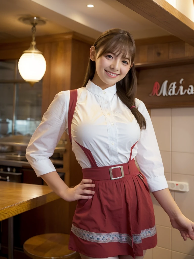 One girl,Big Breasts,alone,Anna Miller ,waitress,Name tag,High Waist Skirt,Red suspender skirt,apron, From below,smile, Mouth closed,restaurant,highest quality